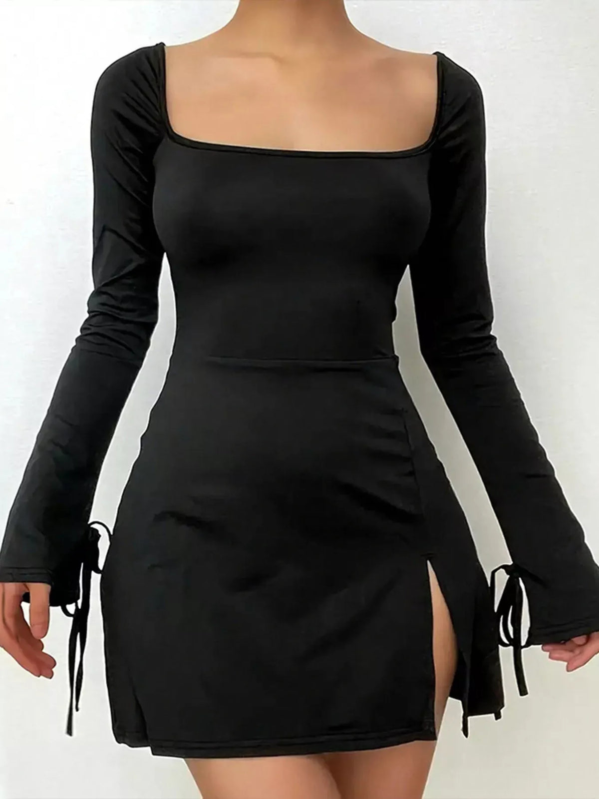 Black slit flare sleeve mini dress