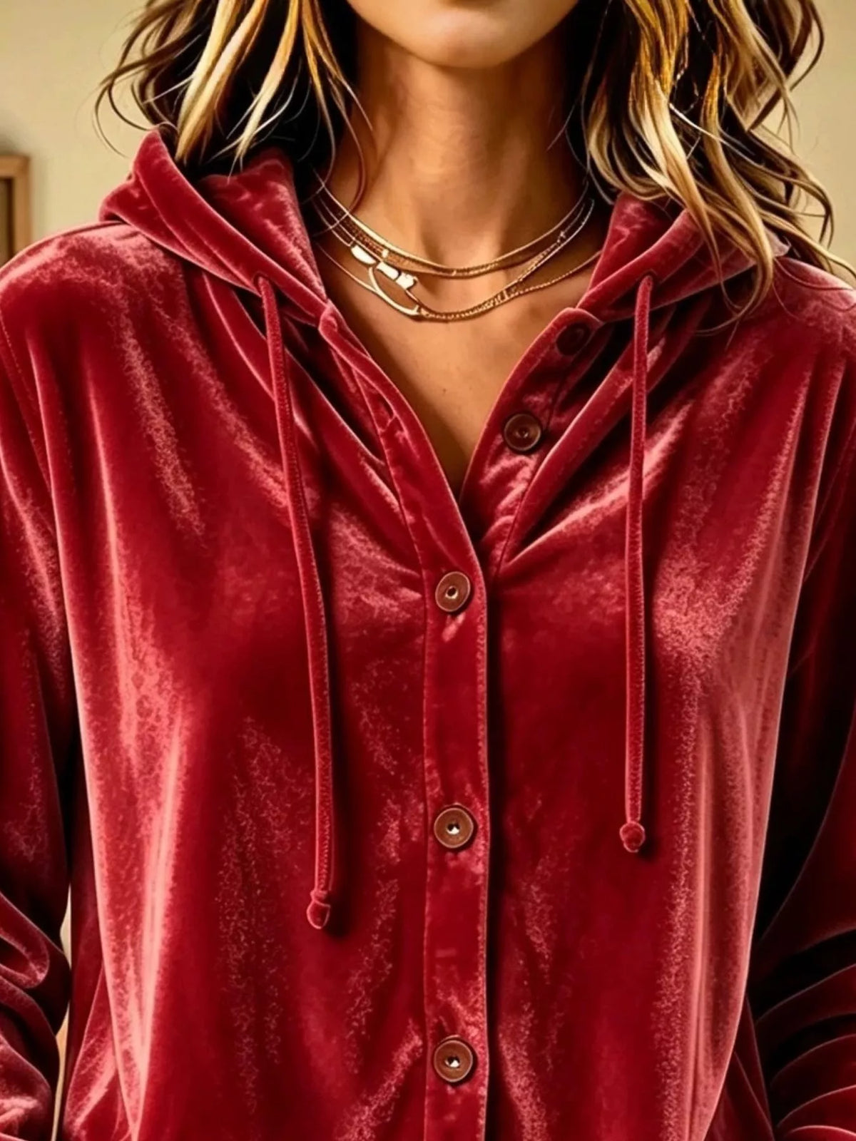 Velvet button-front hooded top