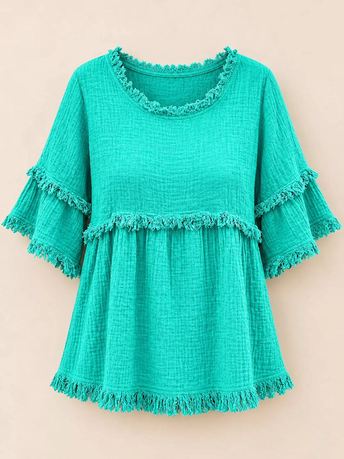 Turquoise frayed edge textured blouse
