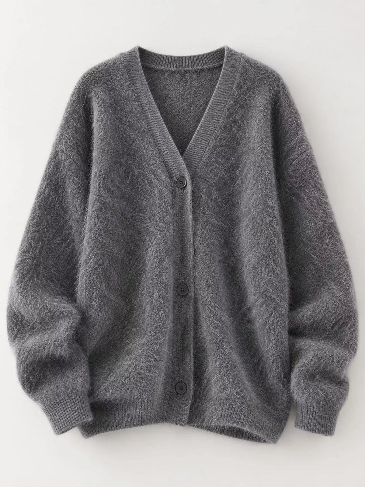 Gray fuzzy v-neck button-down cardigan