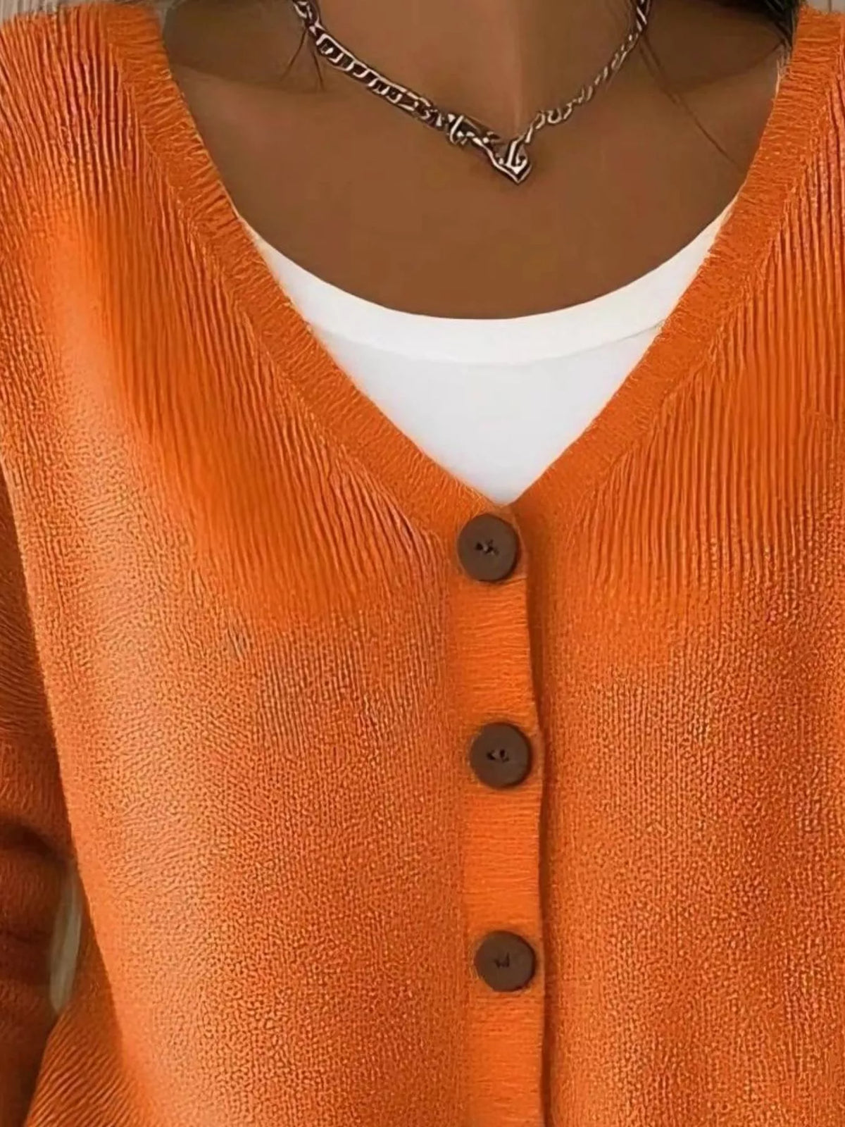 Women's V-Neck Button-Down Knit Cardigan in orange — front view