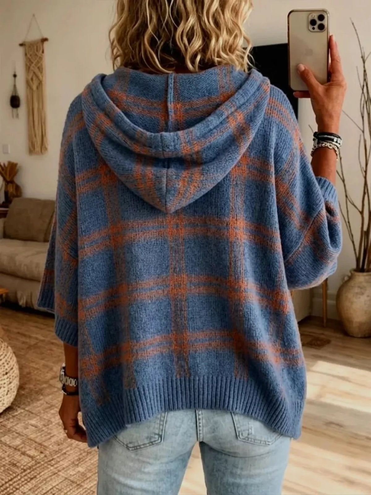Blue plaid hooded sweater, back mirror view