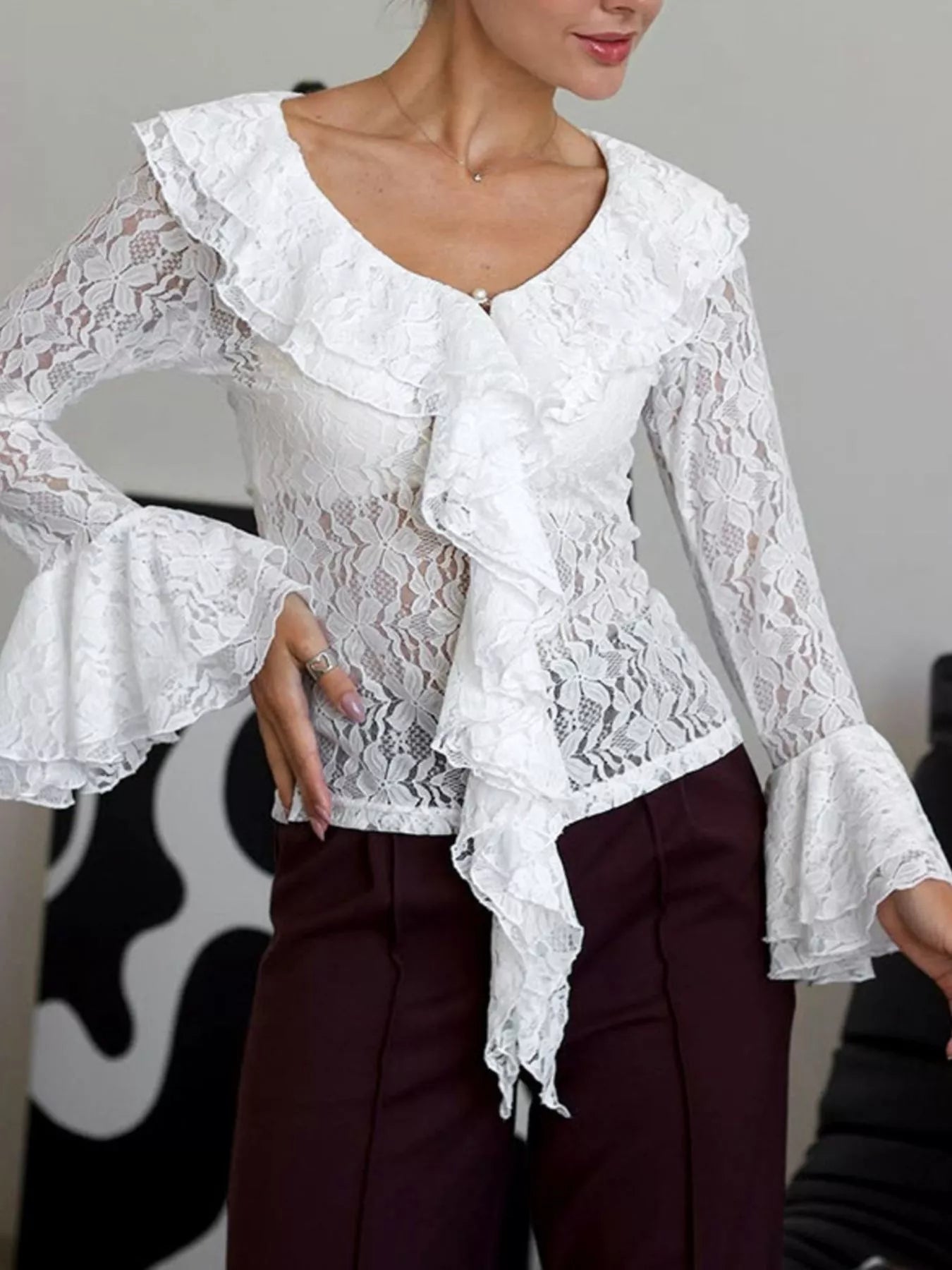 Trendsi Lace V-Neck Flare Sleeve Blouse -
