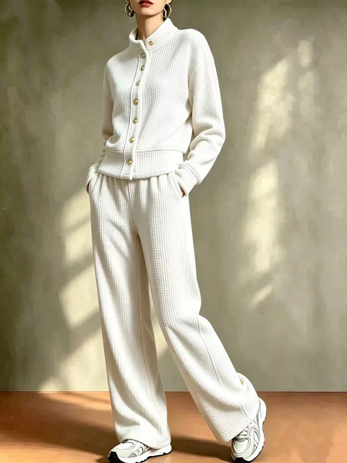 White waffle knit button-up outerwear and wide-leg pants set