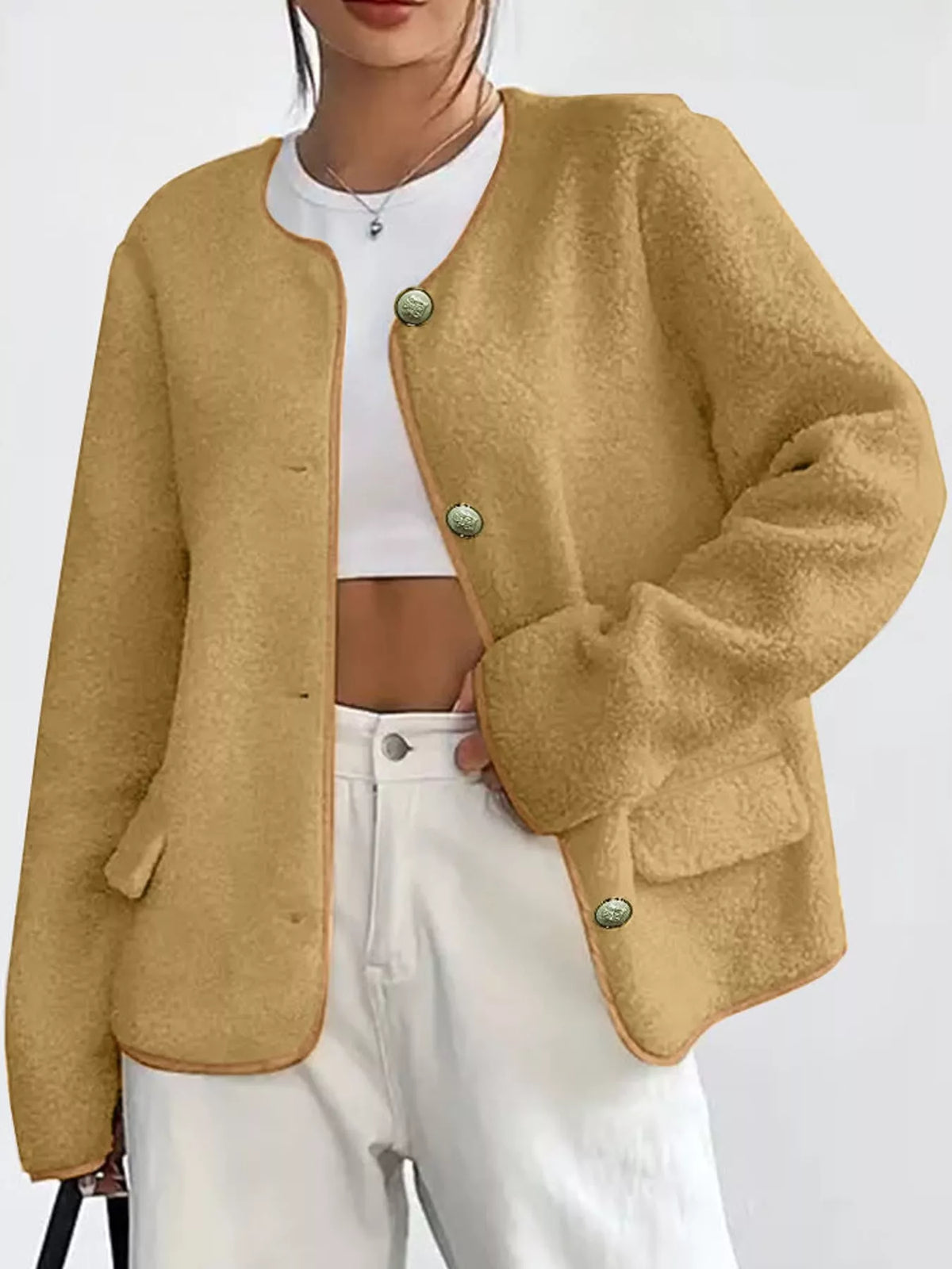 Mustard textured button-front jacket — front view