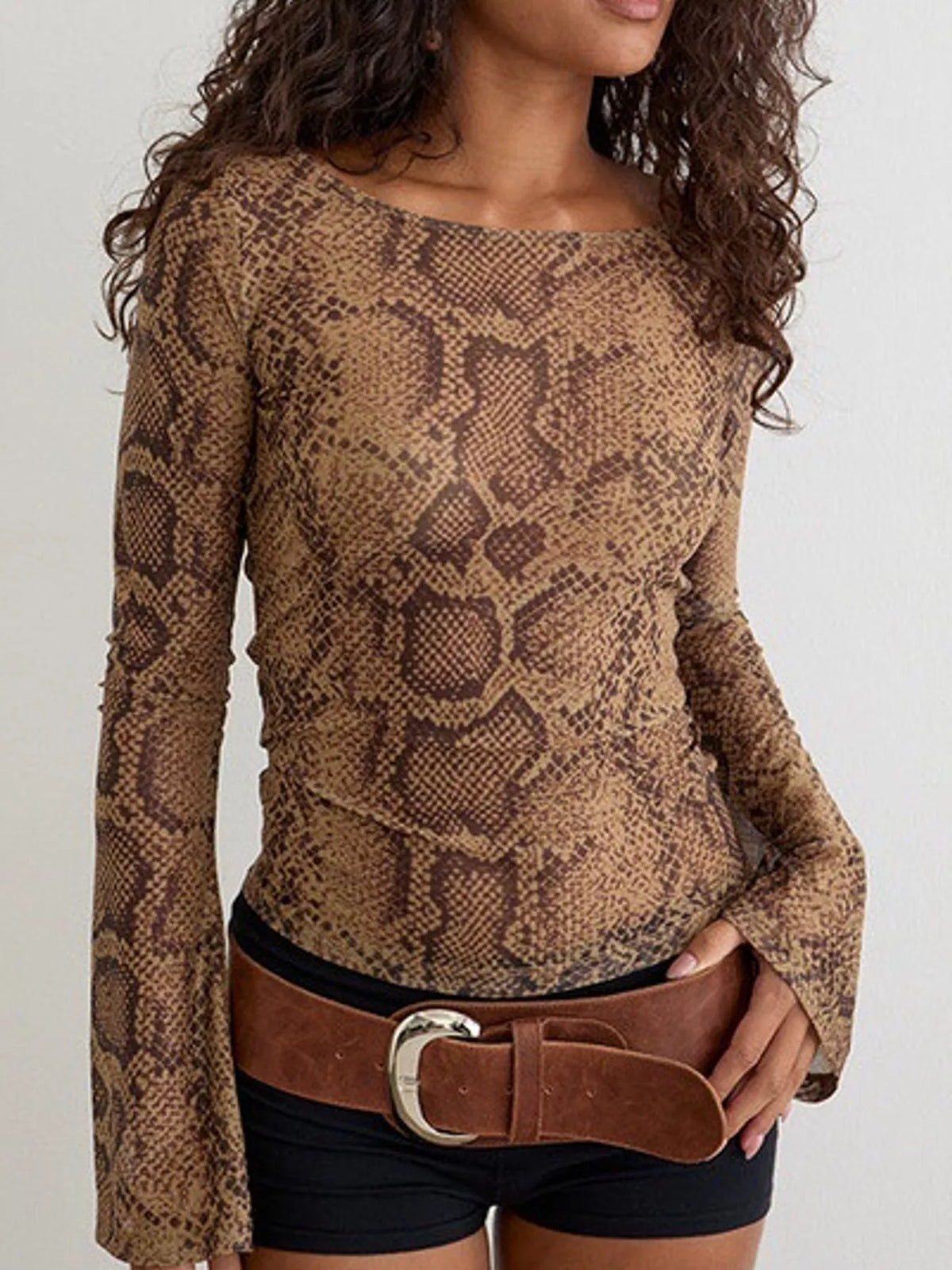 Boat neck long sleeve t-shirt, front view on model