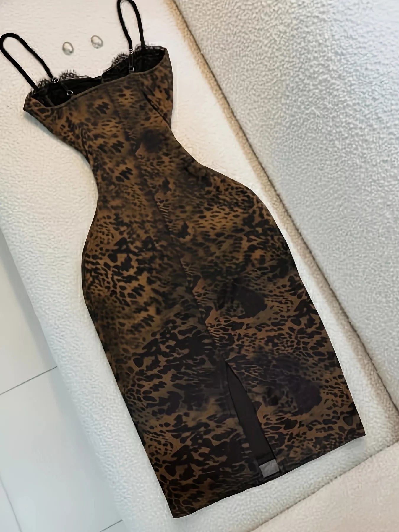 Trendsi Leopard Print Lace Trim Bodycon Midi Dress -