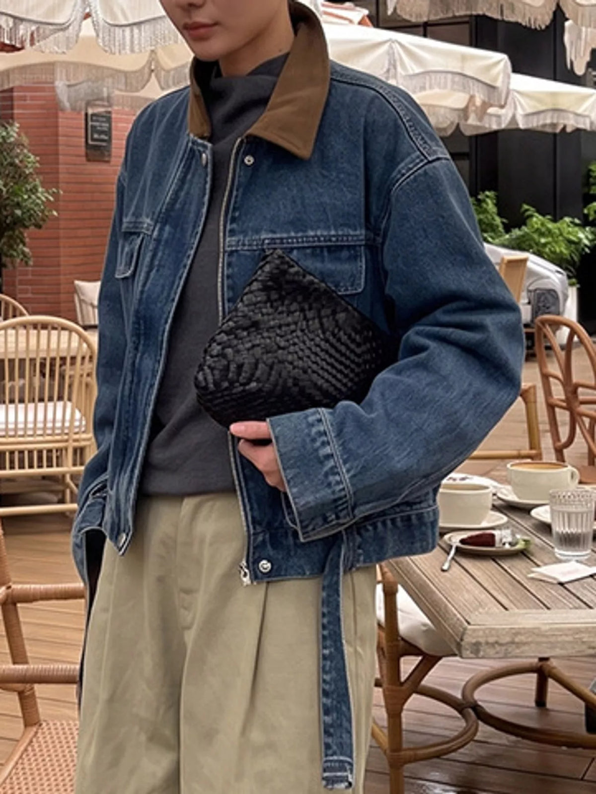 Contrast Collar Zip-Up Denim Jacket in dark denim