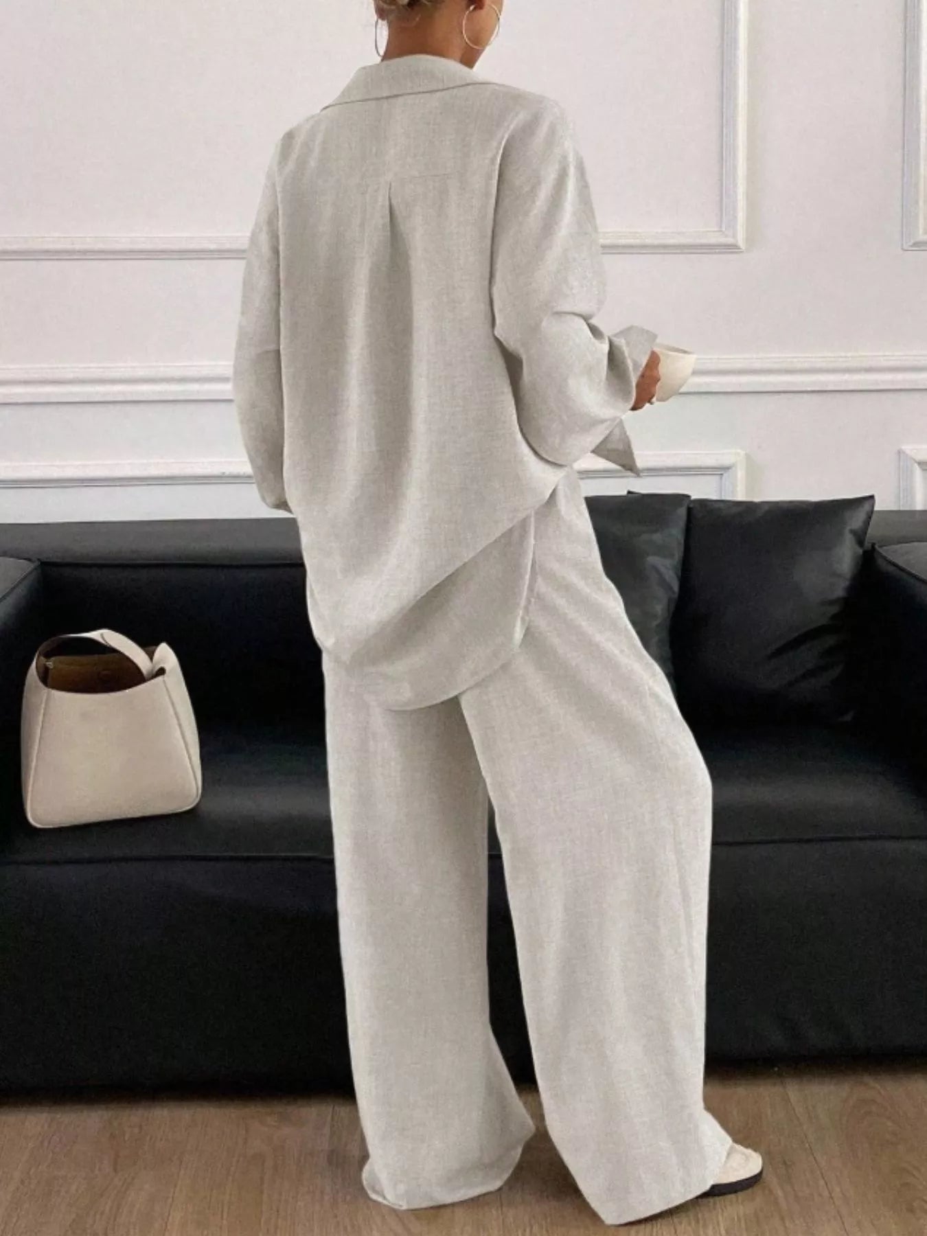 Trendsi Button Up Long Sleeve Shirt and Wide Leg Pants Set -