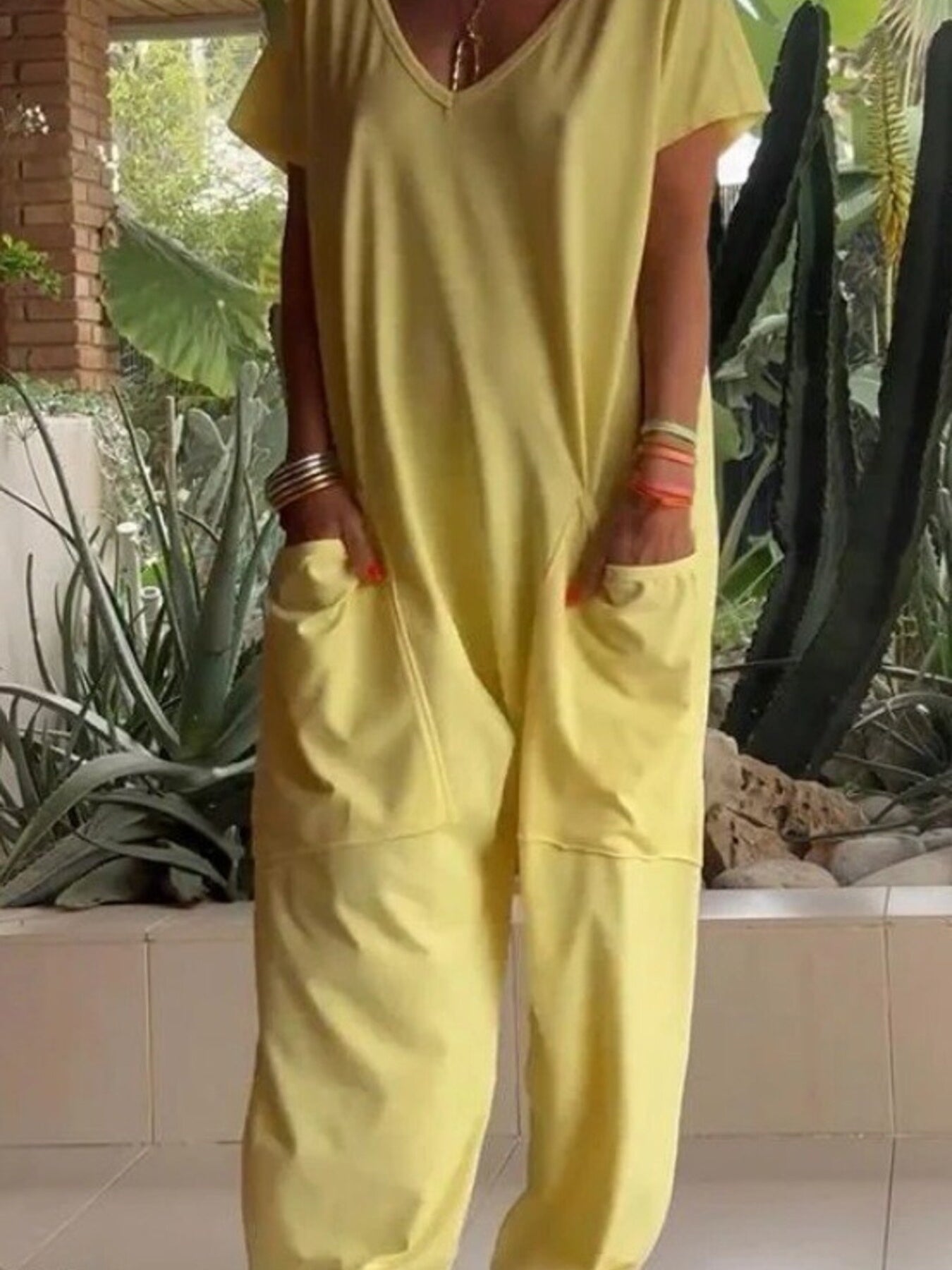 Trendsi Full Size Loose Fit V-Neck Short Sleeve Wide Leg Jumpsuit Plus Size -