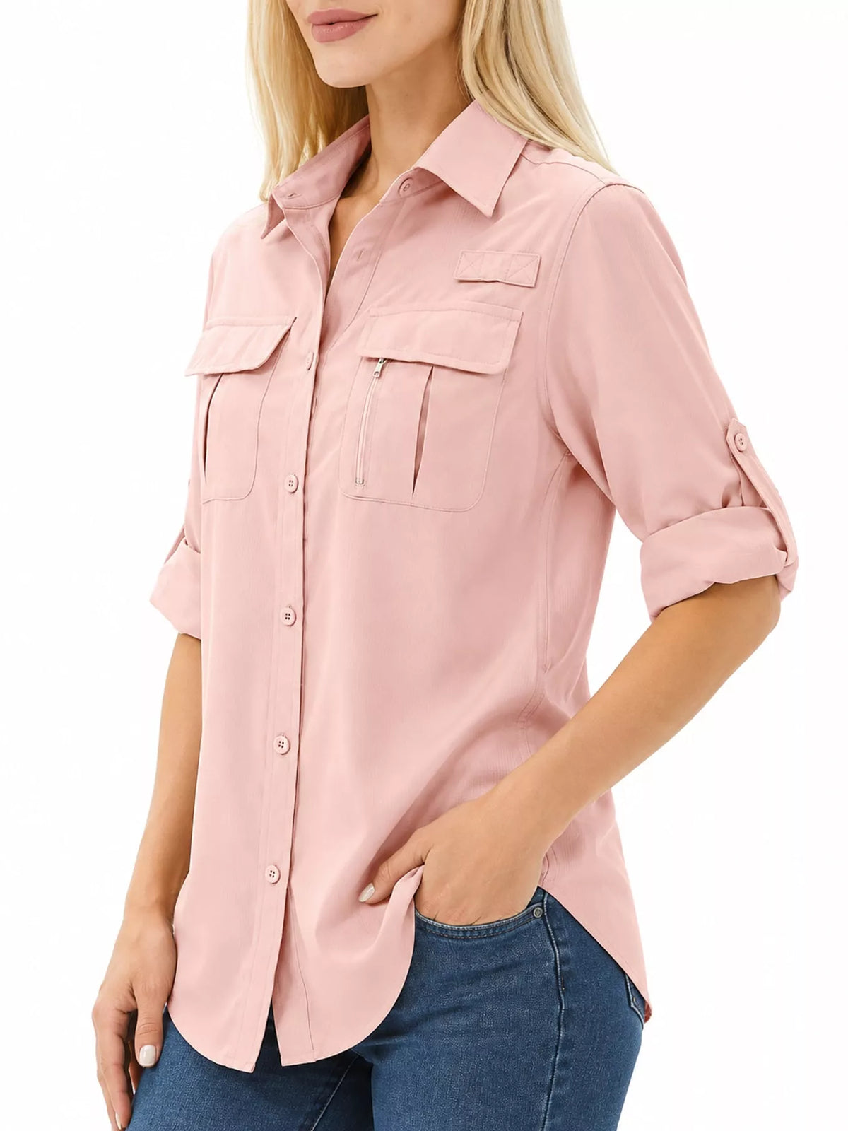 Button-Down Roll-Up Sleeve Shirt in pink, side view