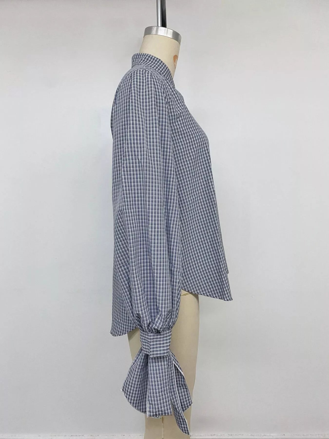 Trendsi Gingham Button Up Shirt with Tie-Sleeve Detail -