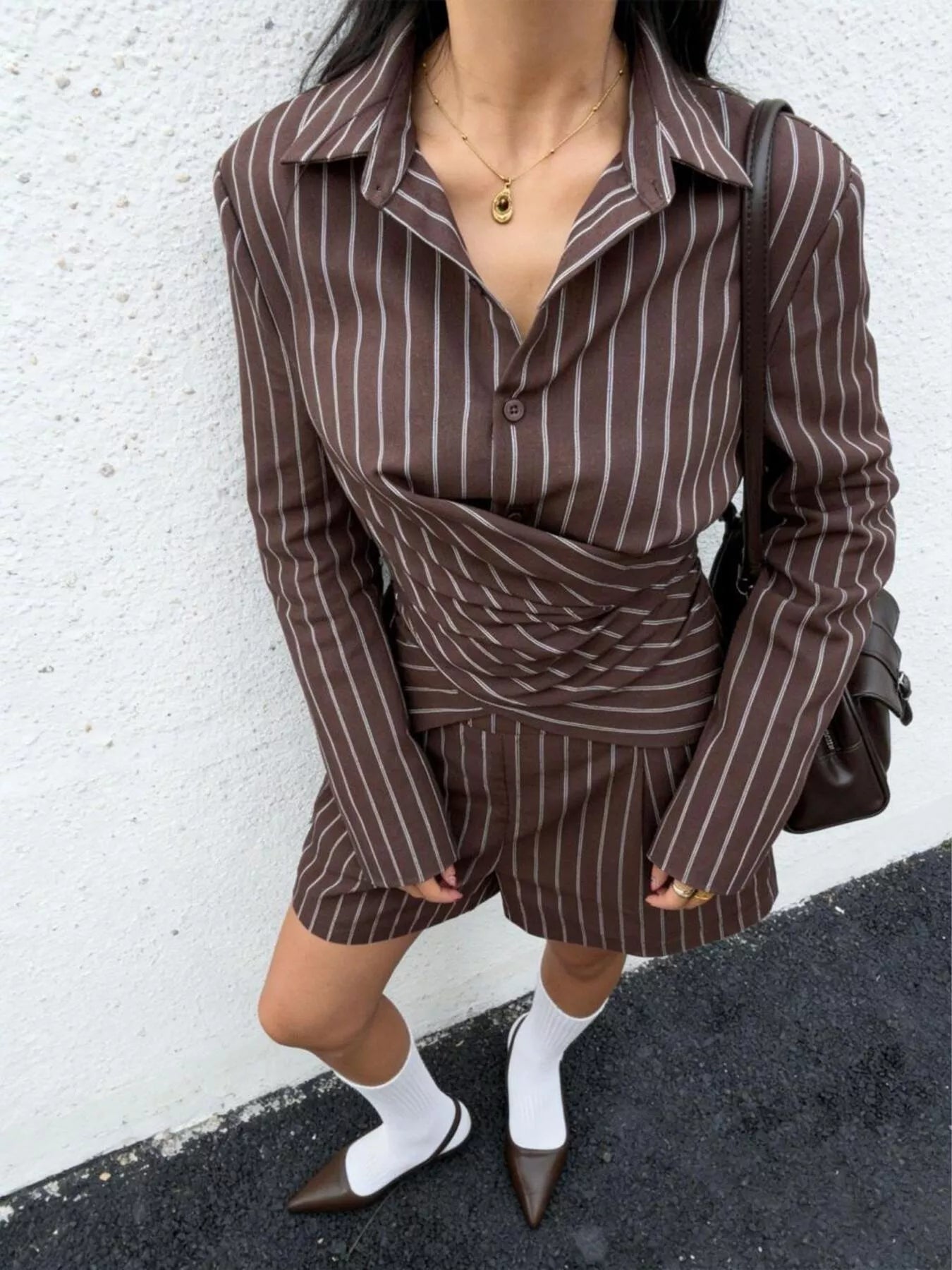 Trendsi Striped Long-Sleeve Wrap Shirt and Shorts Two-Piece Set -