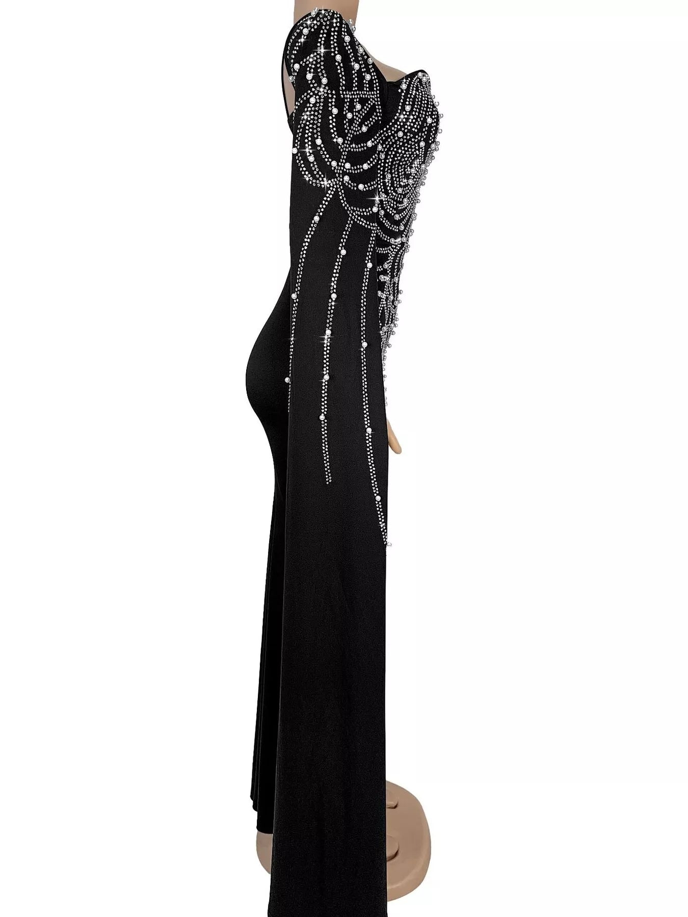 Trendsi Rhinestone Pearl Detail One-Shoulder Mermaid Maxi Dress -