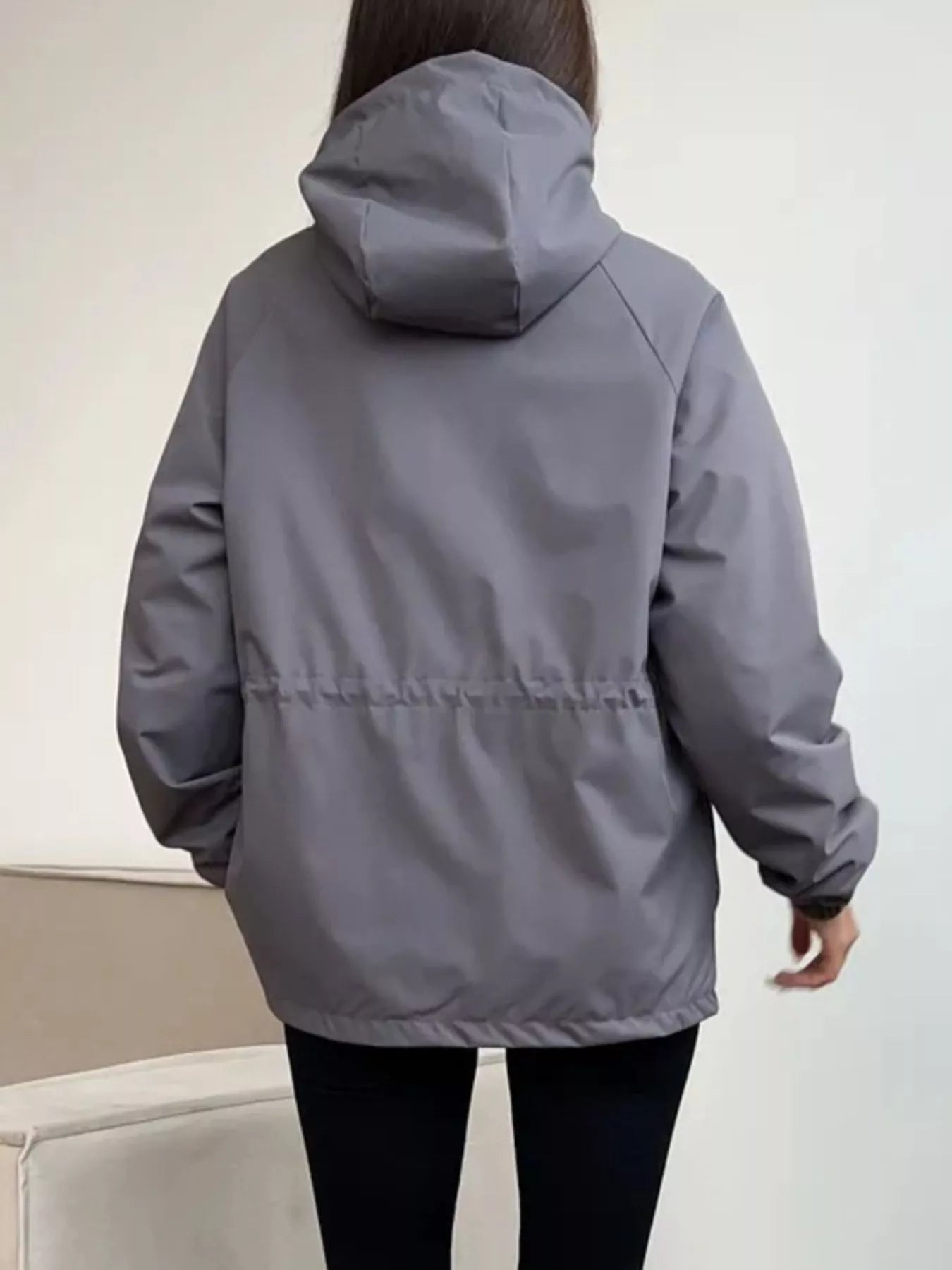 Trendsi Drawstring Waist Hooded Windbreaker Outerwear -