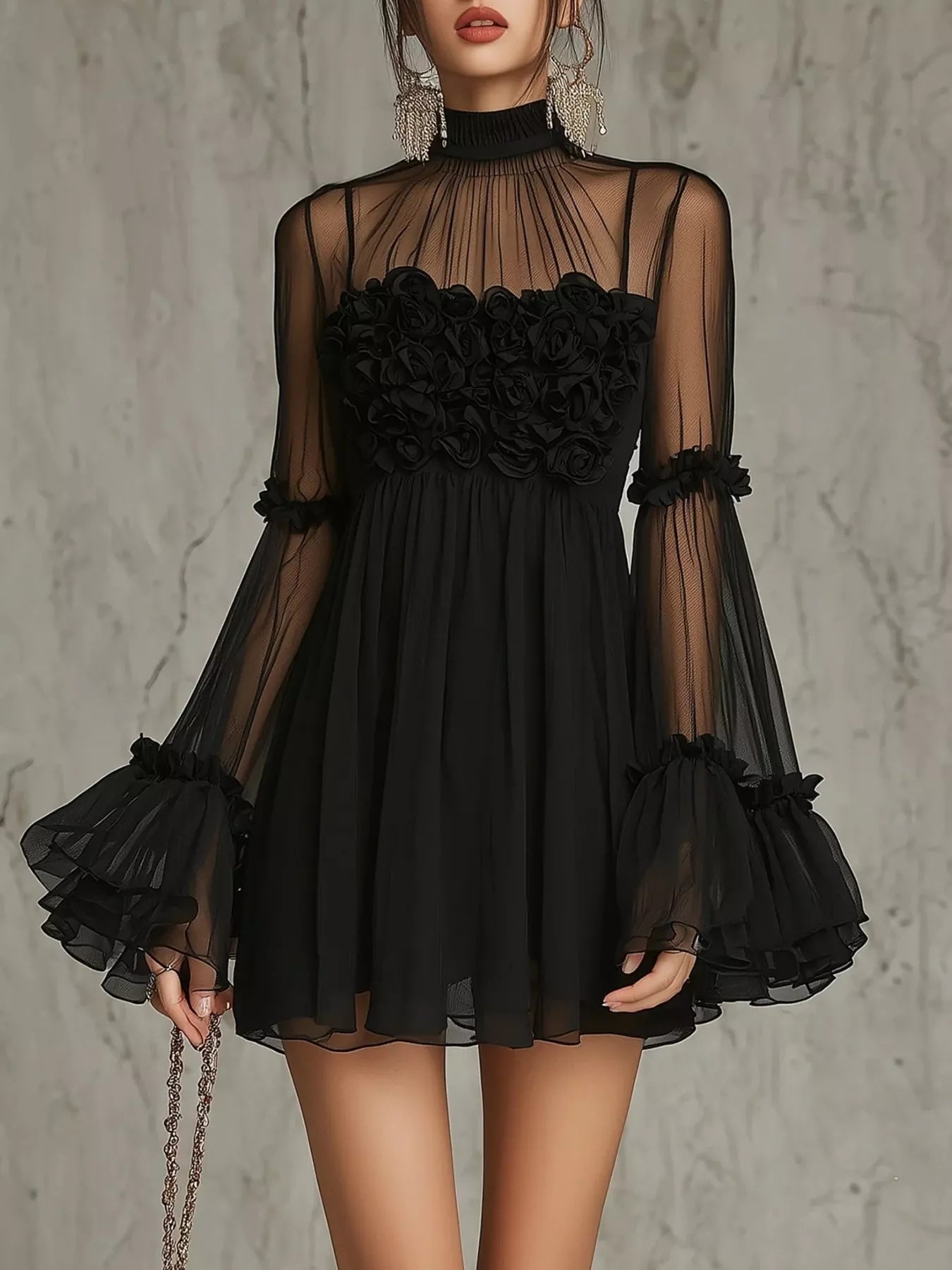 Trendsi Sheer Mesh Flare Sleeve Mini Dress -