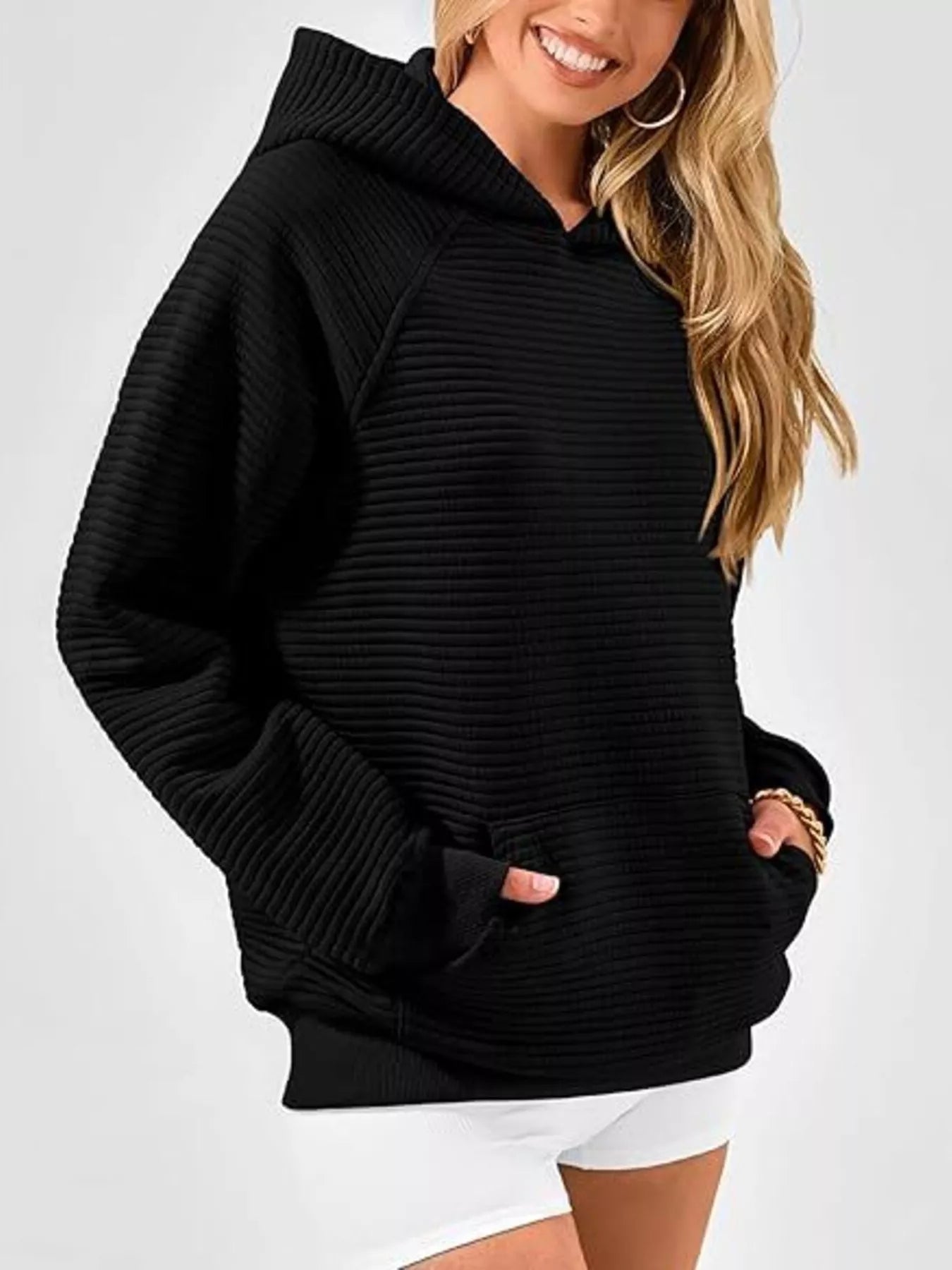 Trendsi Texture Kangaroo Pocket Raglan Sleeve Hoodie -