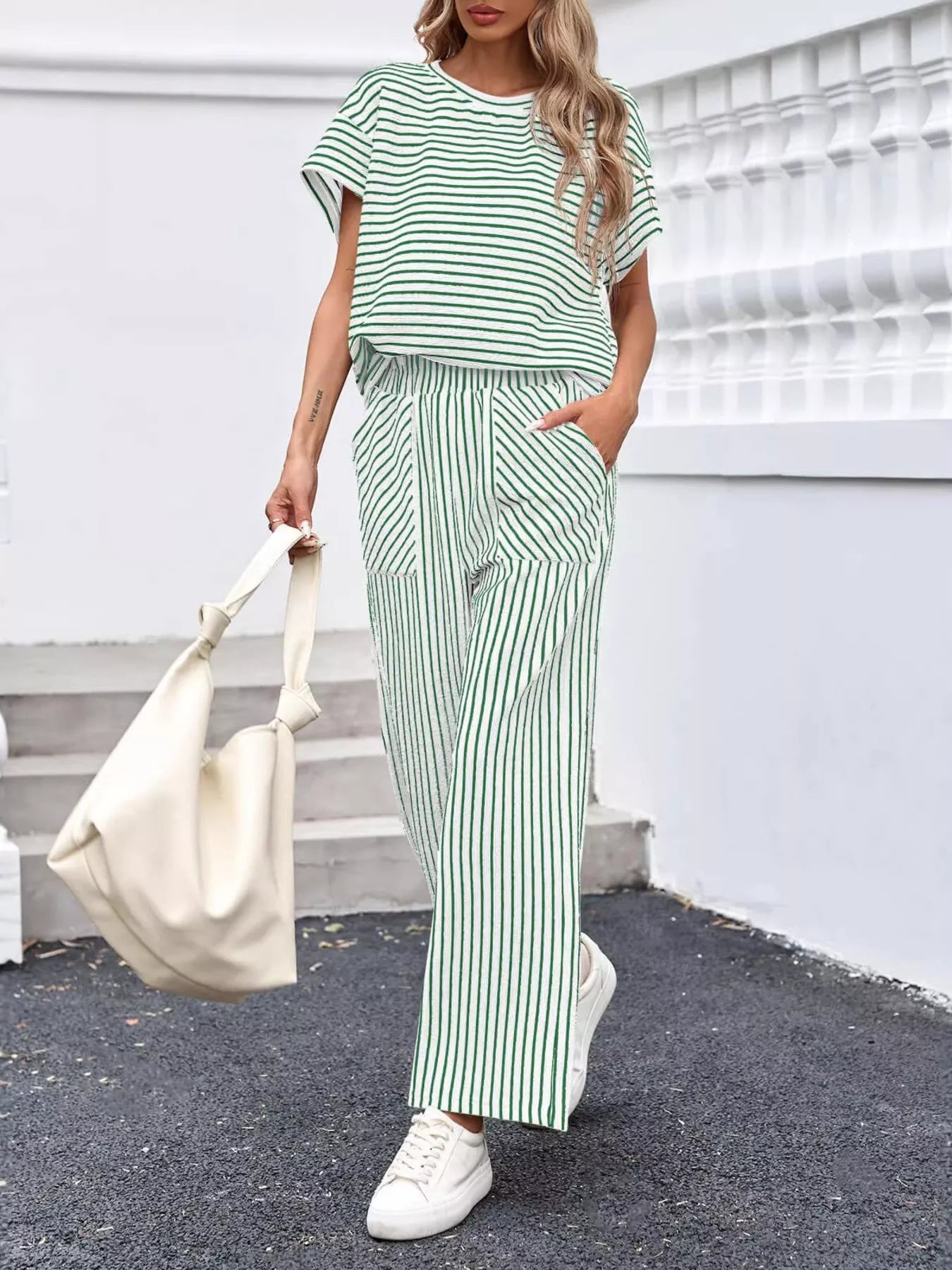 Trendsi Casual Striped Short Sleeve Top and Wide Leg Pants Two-Piece Set -