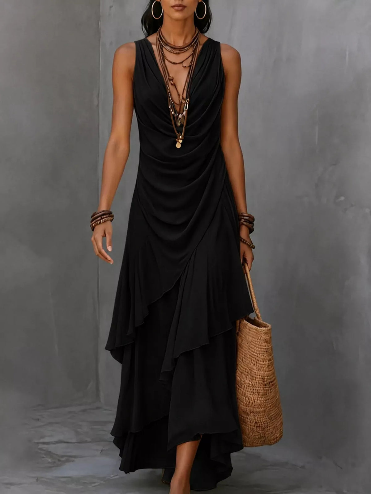 Black sleeveless layered ruffle hem maxi dress