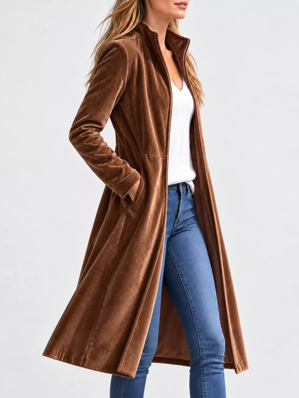 Brown velvet zip-up longline jacket
