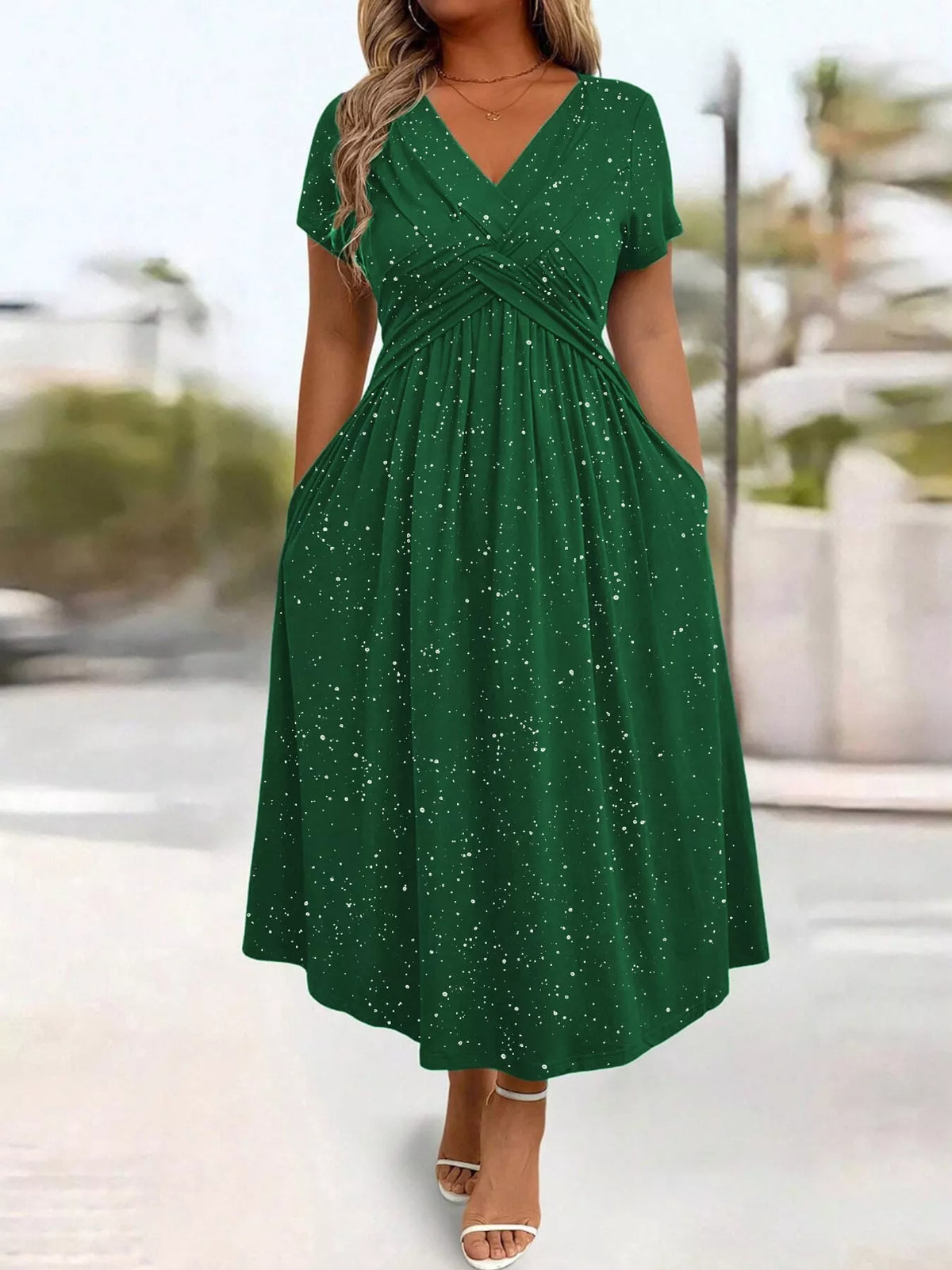 Green speckled short sleeve midi dress with pockets, front view
