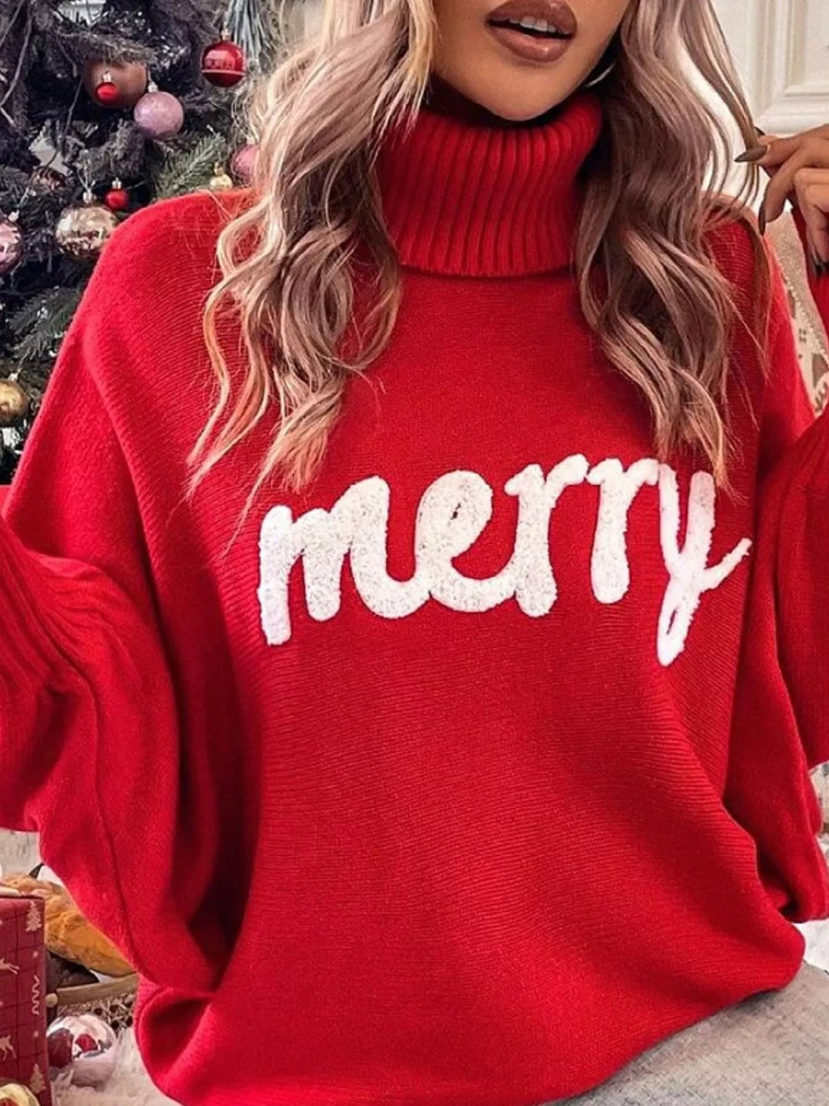 Red lettering turtleneck sweater