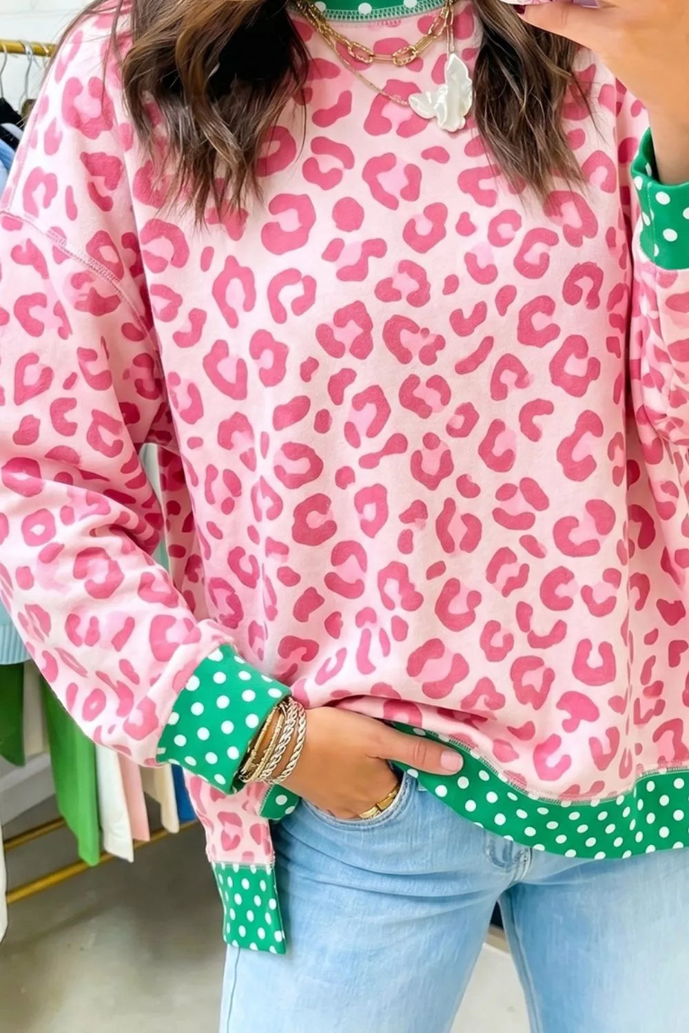 Trendsi Leopard Polka Dot Trim Round Neck Sweatshirt -