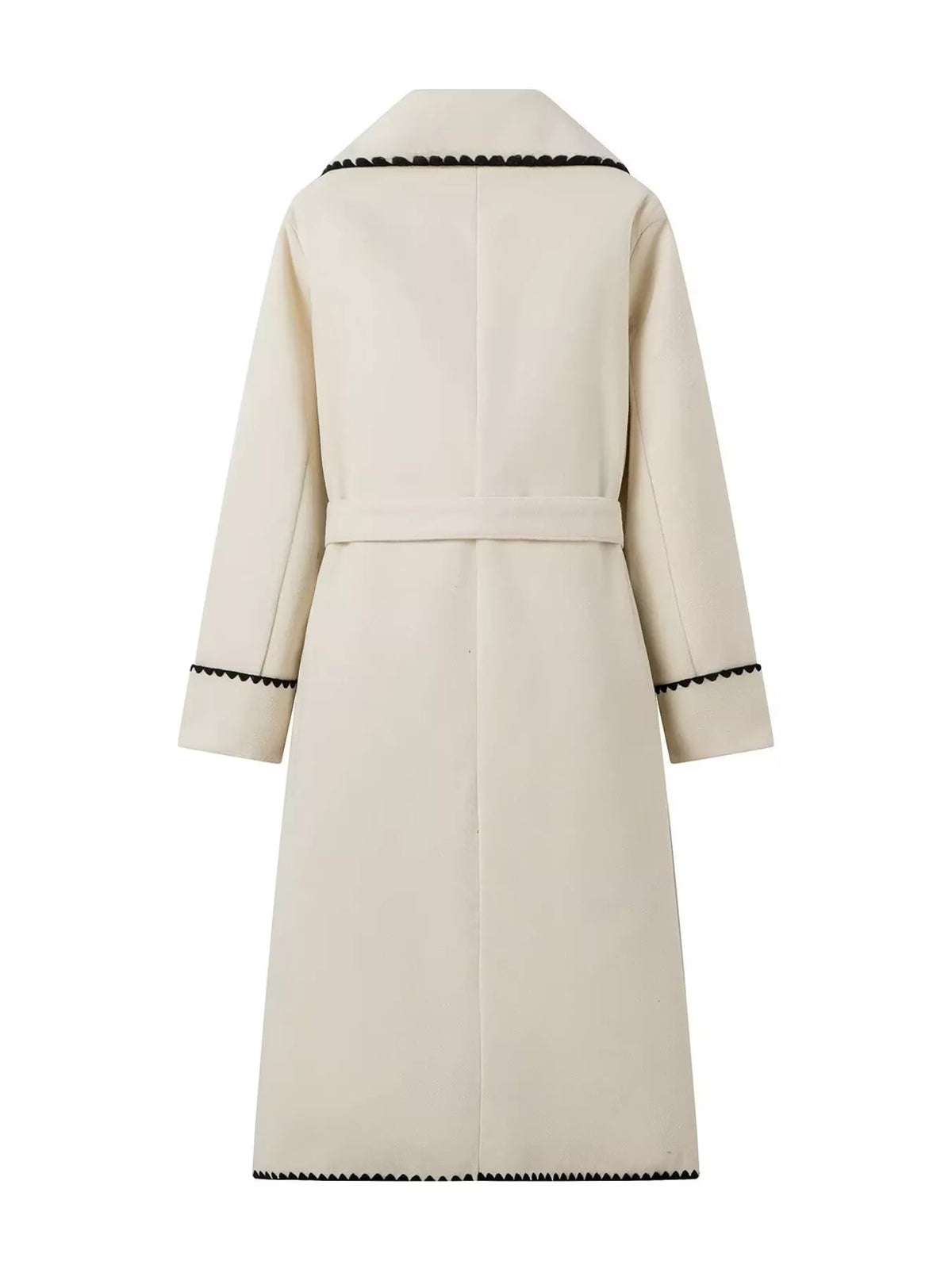 Contrast Scalloped Trim Trench Coat, back view in cream