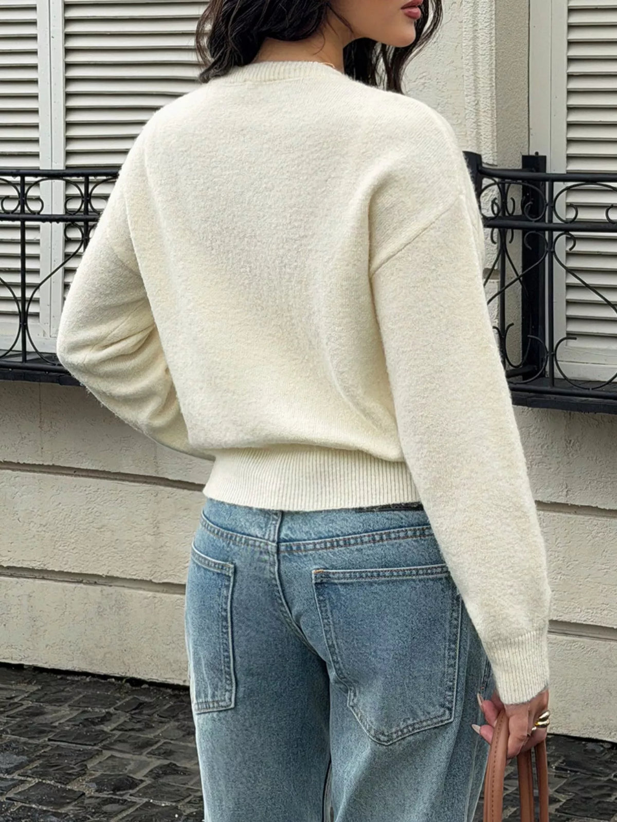 Apricot drop-shoulder button-down cardigan