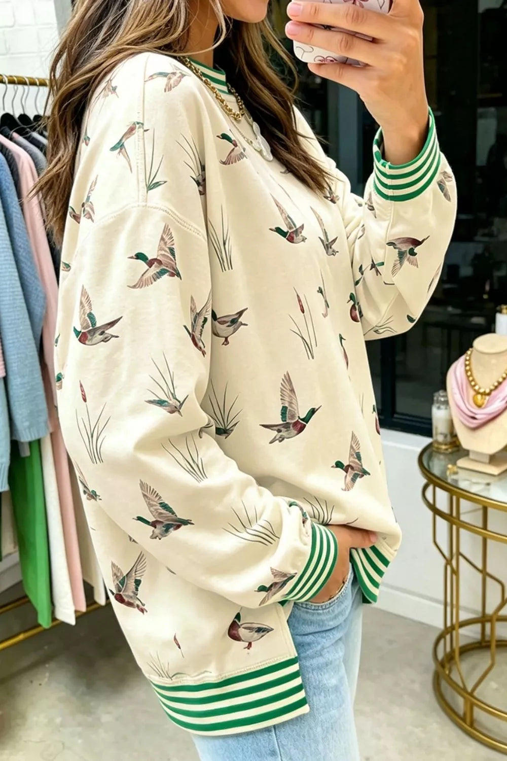 Trendsi Whimsical Duck Print Sweatshirt with Striped Trim -