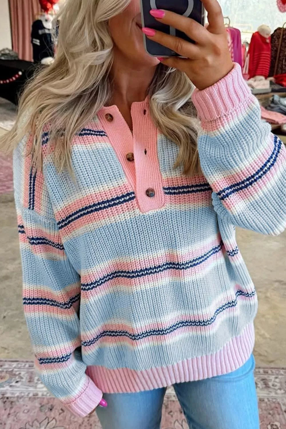 Trendsi Stripe Striped Button Collar Long Sleeve Shift Fit Winter Knitwear Sweater -
