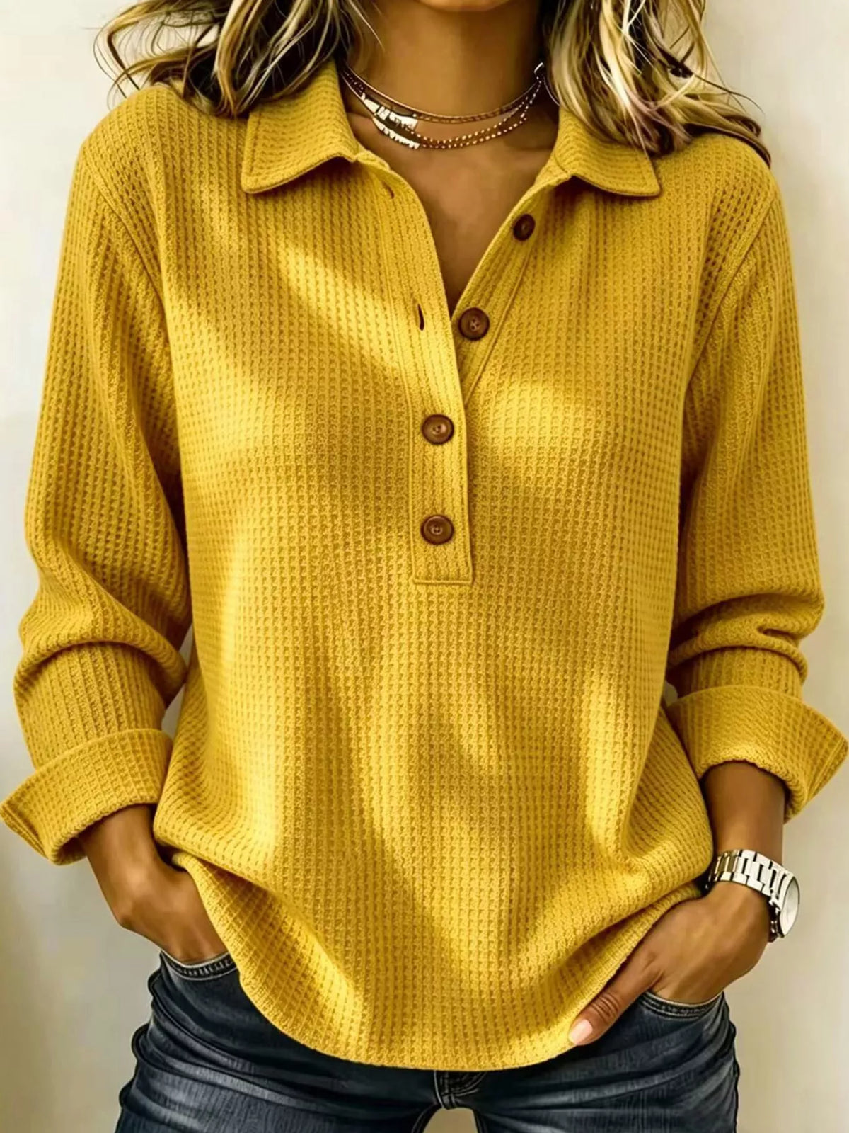 Yellow waffle knit long sleeve polo top, front view