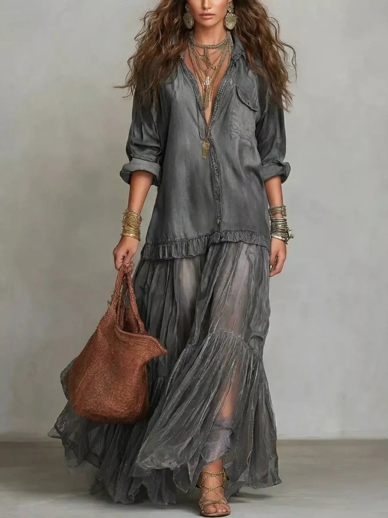 Trendsi Full Size Tiered Long Sleeve Denim Shirt Maxi Dress Plus Size -
