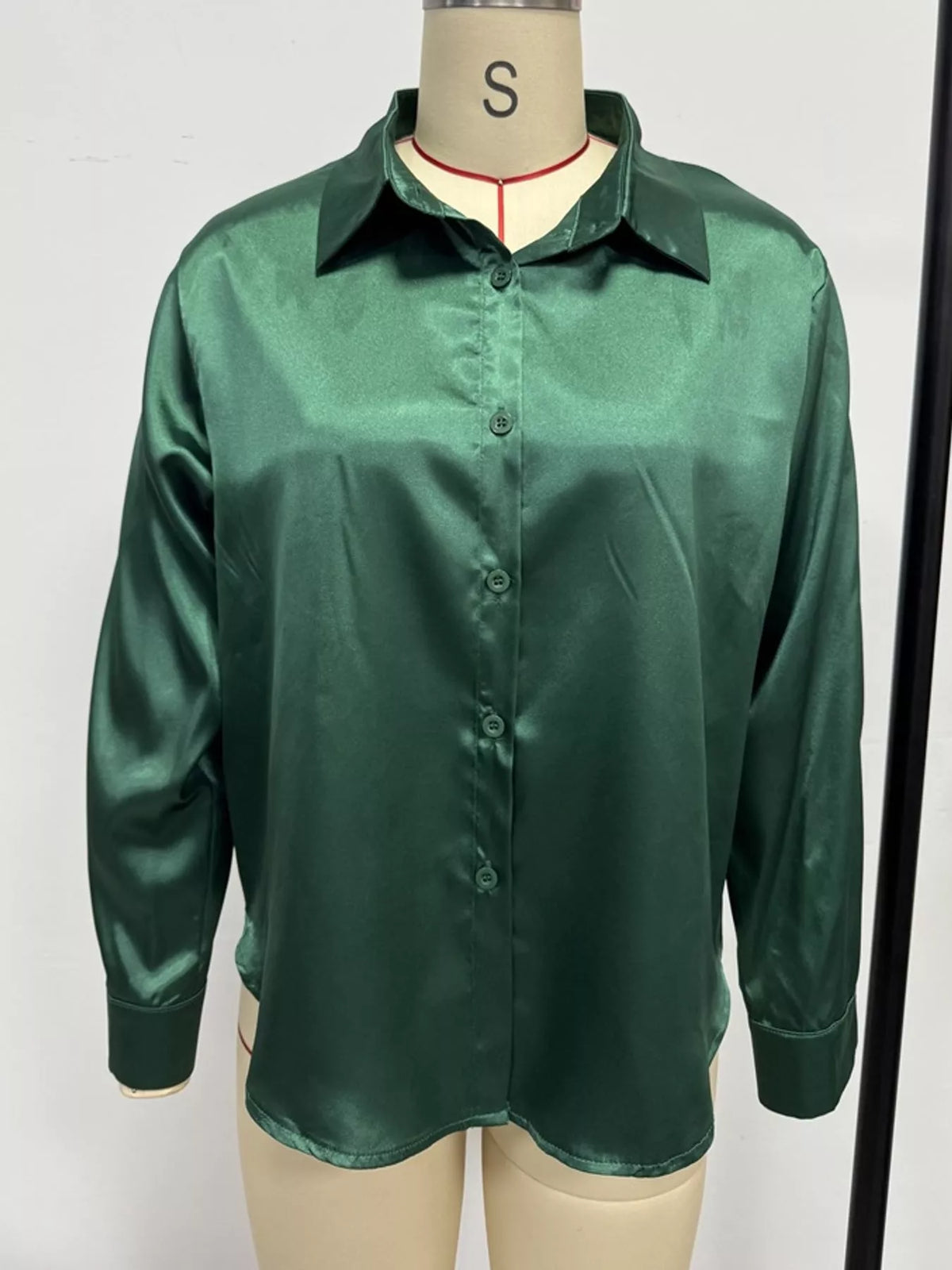 Dark Green satin button-down long sleeve shirt