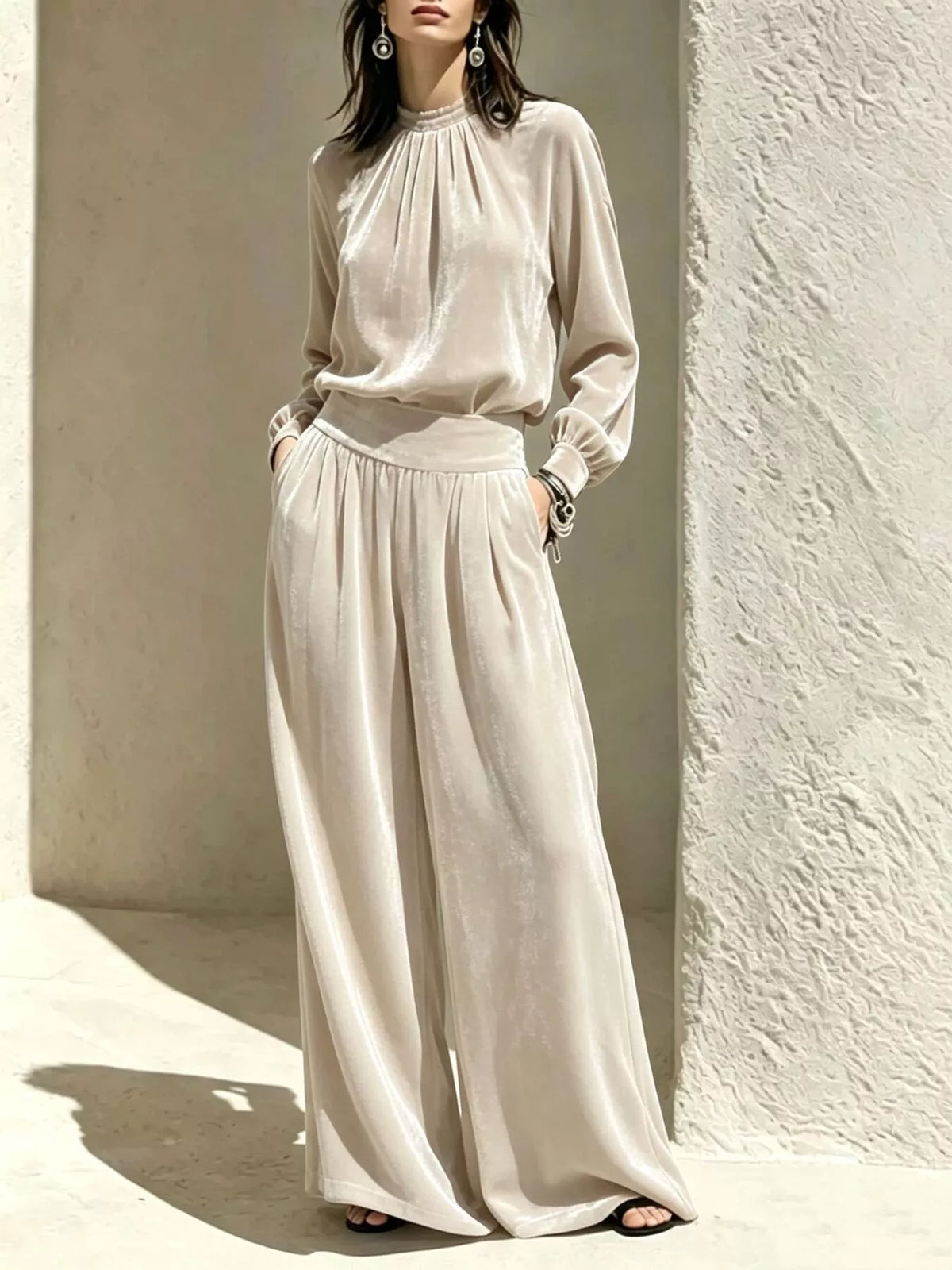 Cream velvet mock-neck top and pants set, full front view