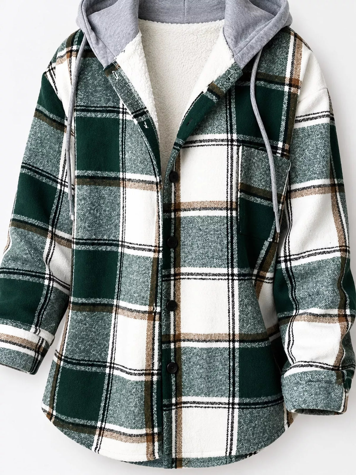 Button-Down Printed Contrast Hooded Shacket — garment construction details