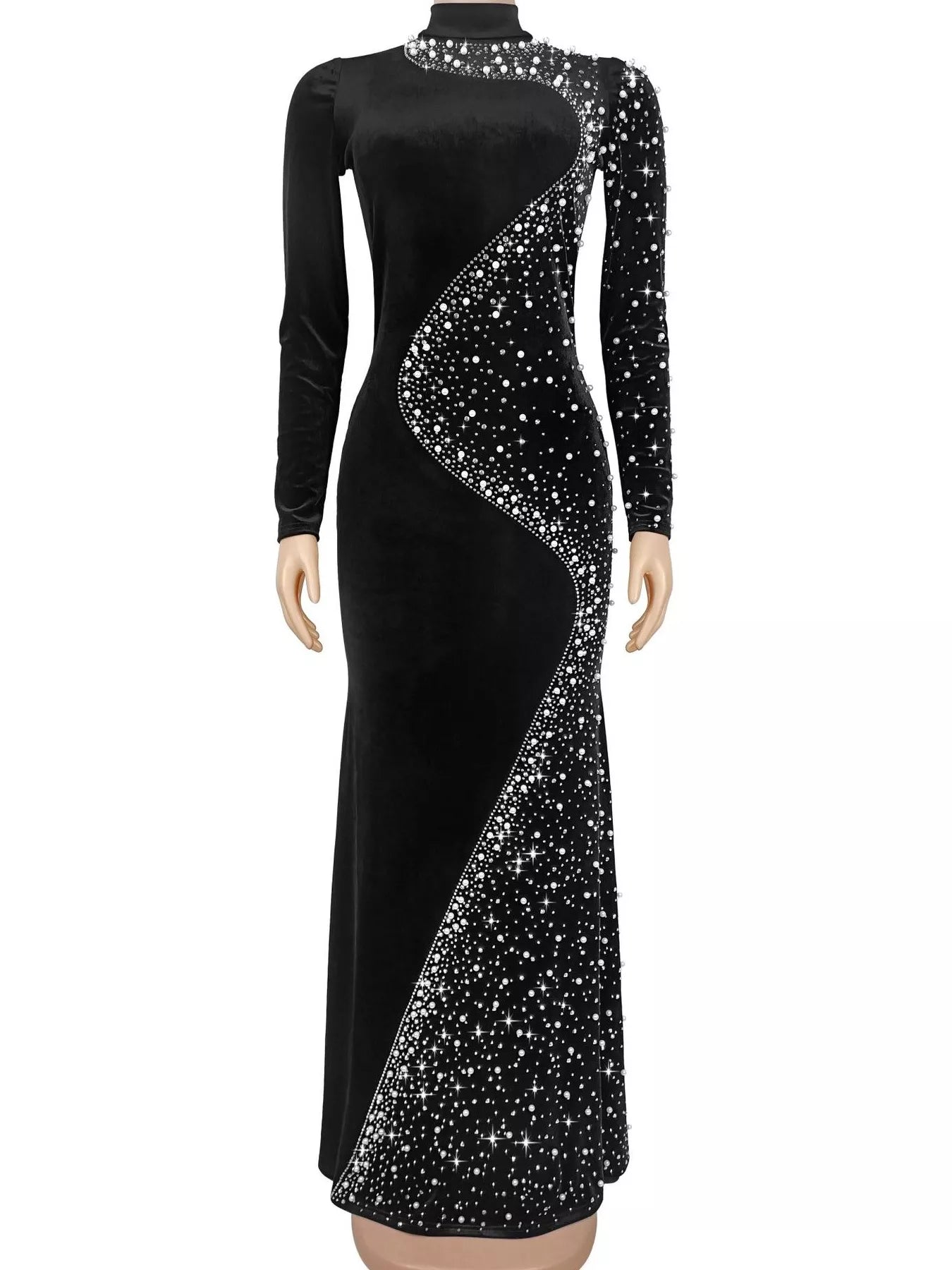 Trendsi Rhinestone Embellished Velvet Mermaid Evening Maxi Dress -