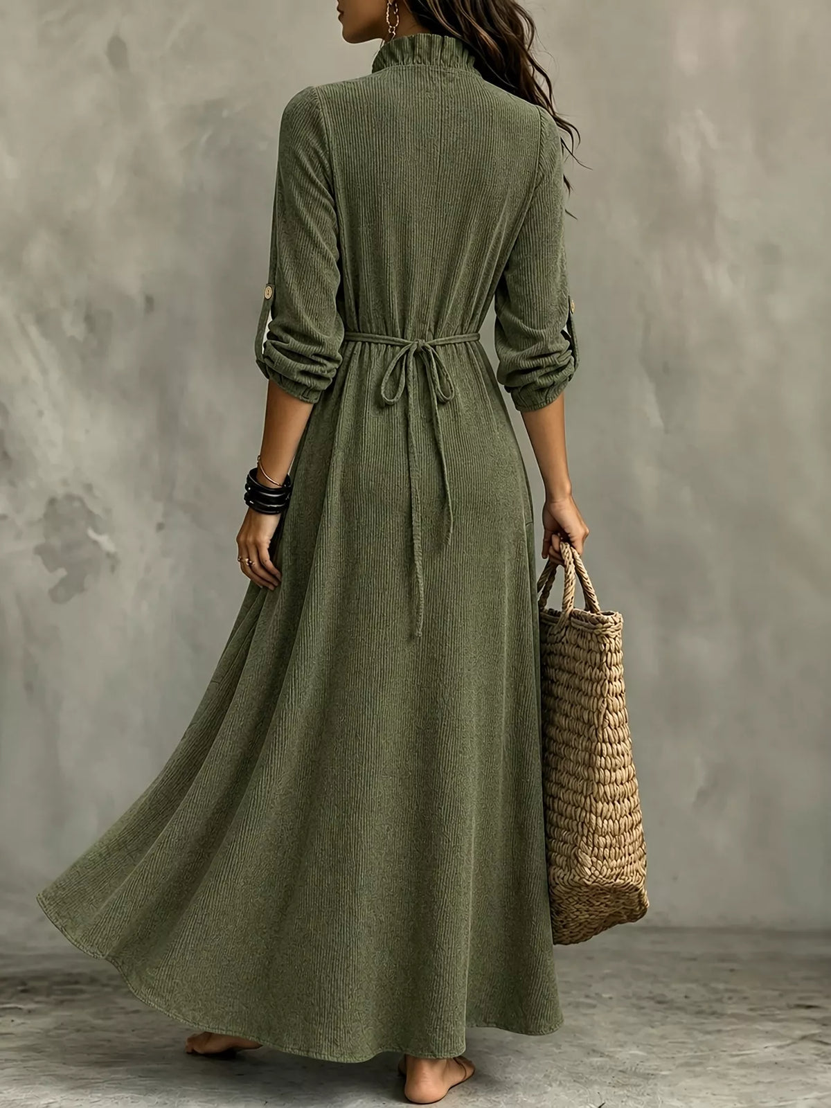Olive green V-neck maxi dress, back view