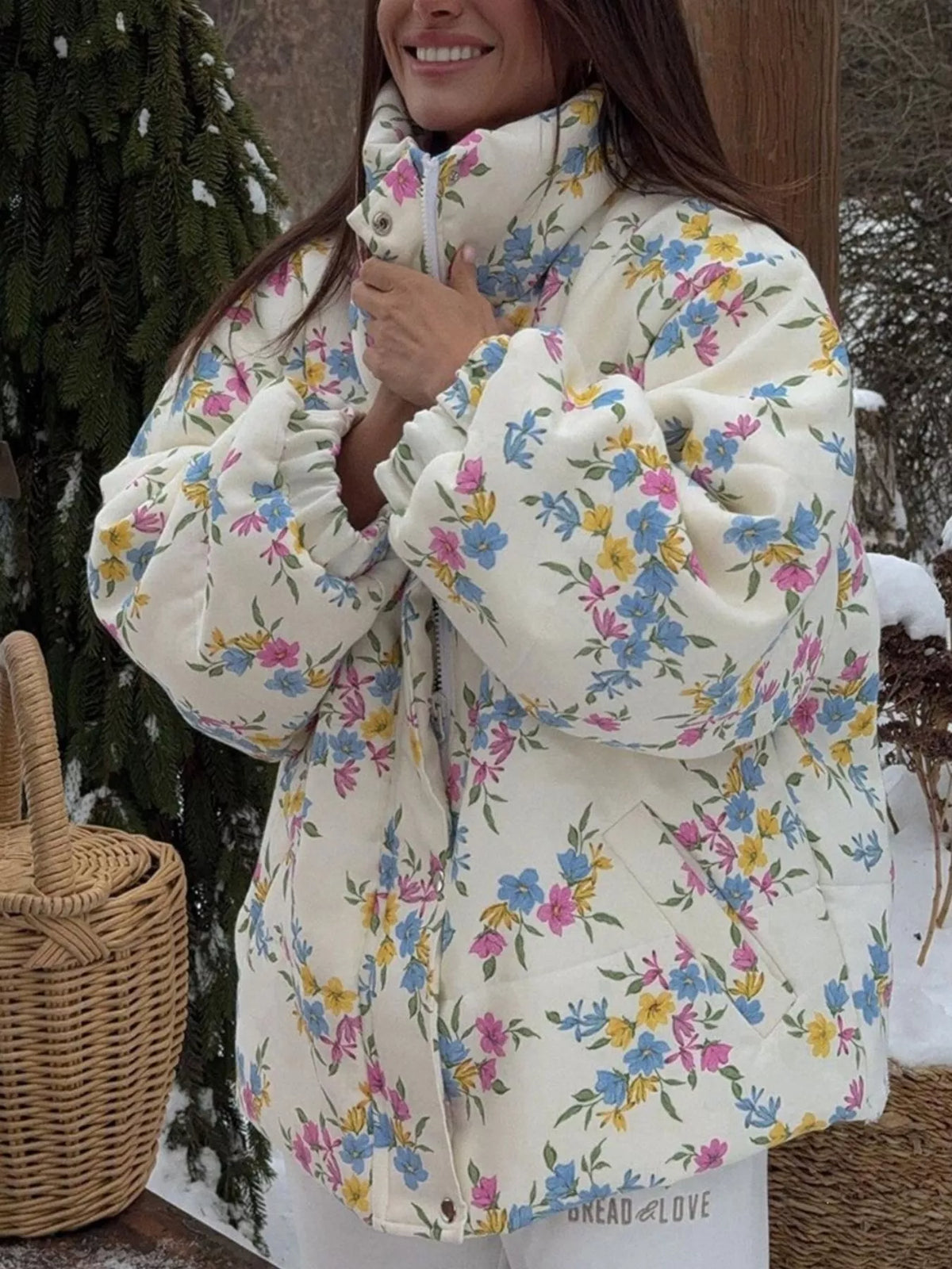 Floral Print Stand Collar Puffer Jacket, front view
