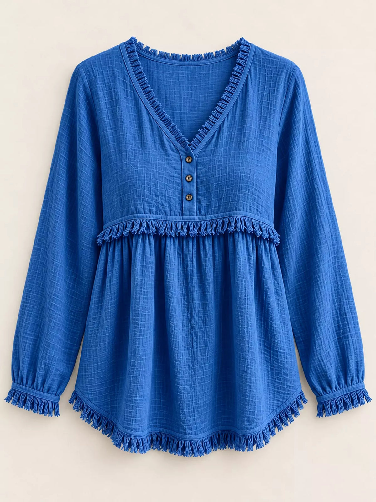 Fringe-trim blouse, blue hanging front