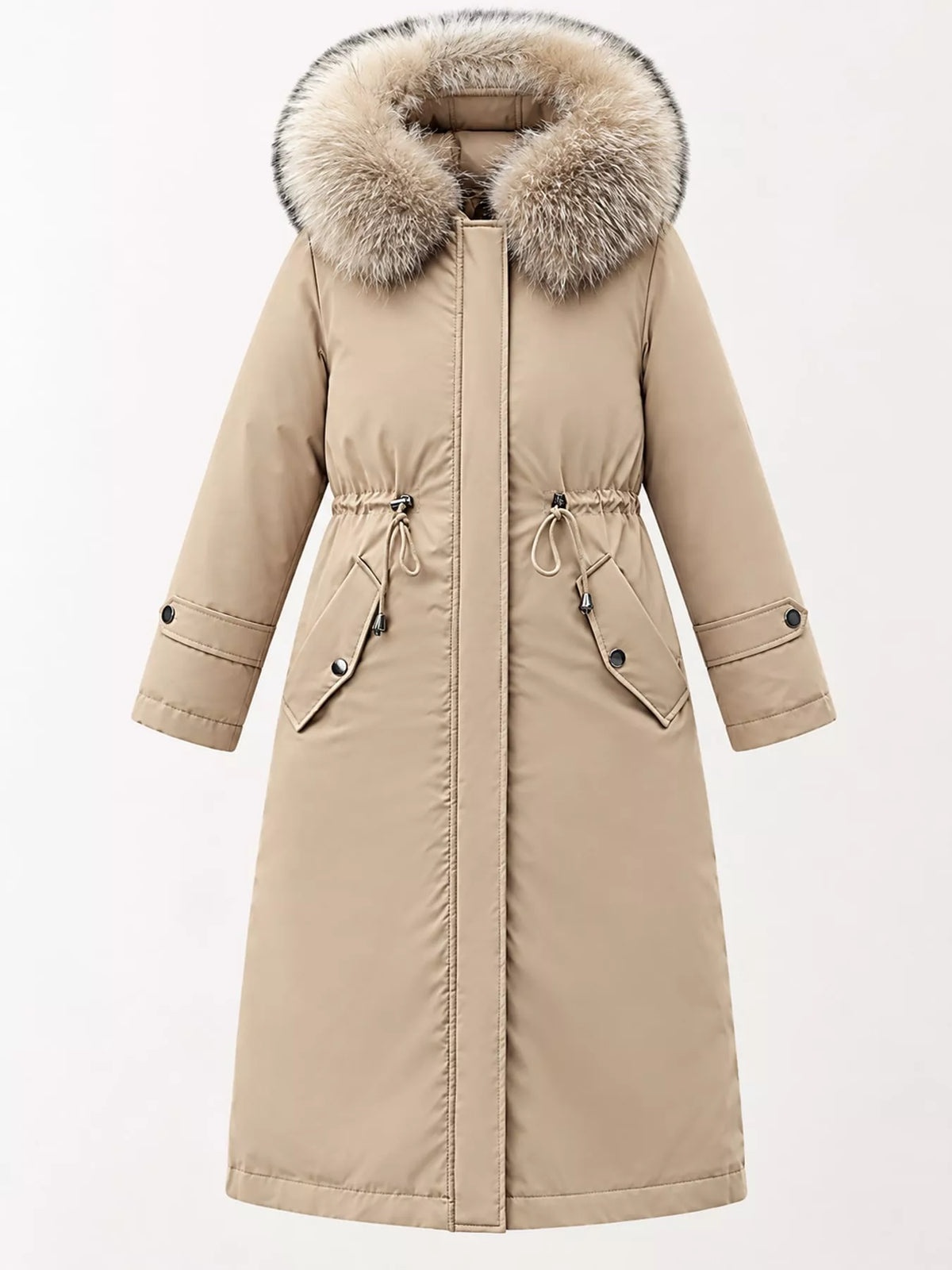 Faux-fur-trim parka, beige hanging front