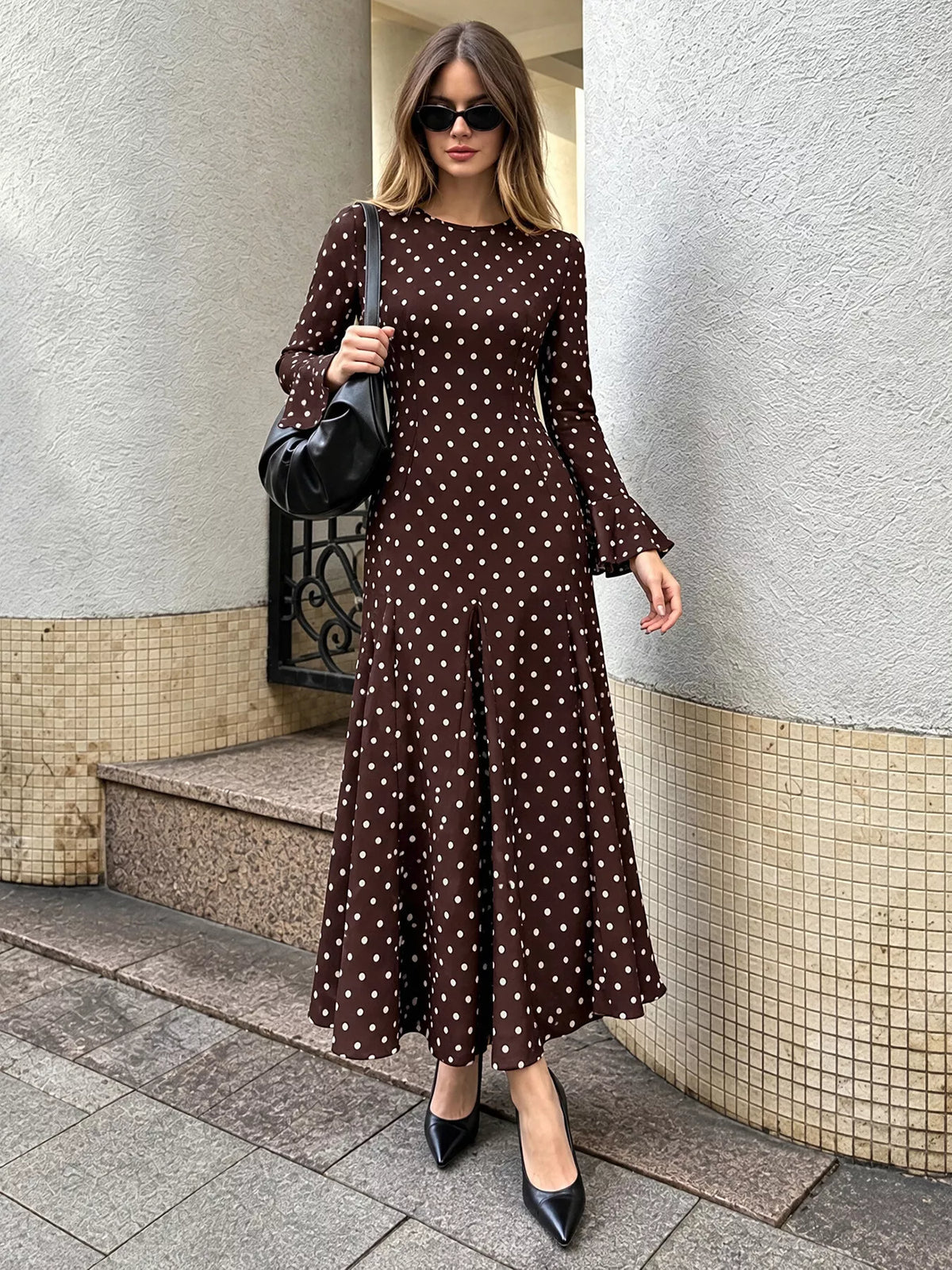 Brown polka dot long sleeve maxi dress