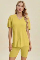 Trendsi Basic Bae Full Size Ribbed V-Neck Short Sleeve Top and Shorts Set -
