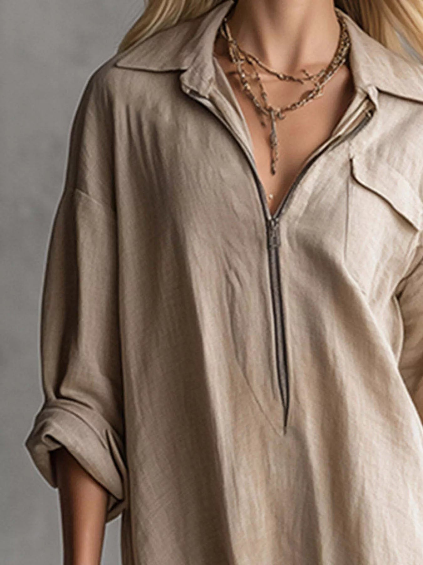 Trendsi Fringe Hem Zip-Up Shirt Dress -