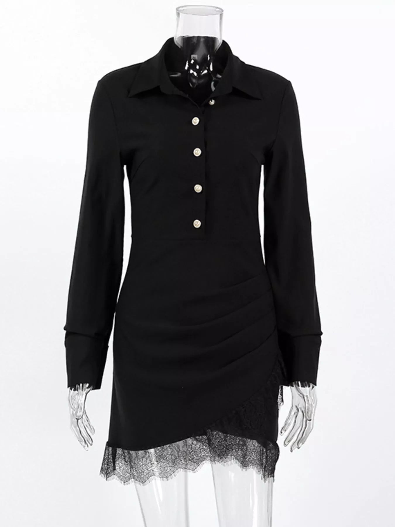 Trendsi Long-Sleeve Shirt Dress with Lace Hem -