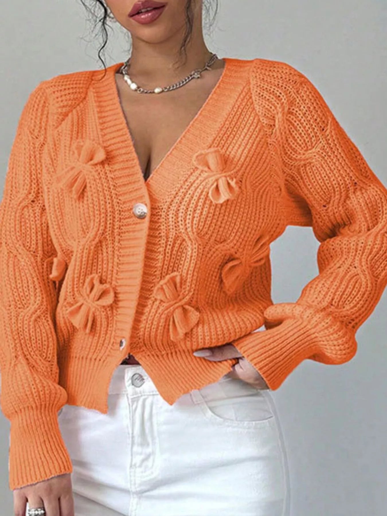 Trendsi Bow Cable Knit V-Neck Cardigan -