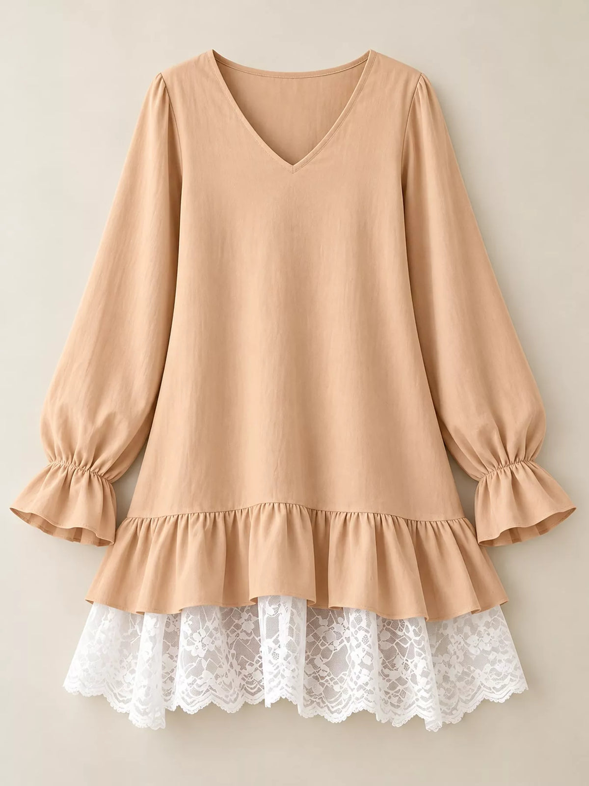 Lace-hem dress, beige flat front
