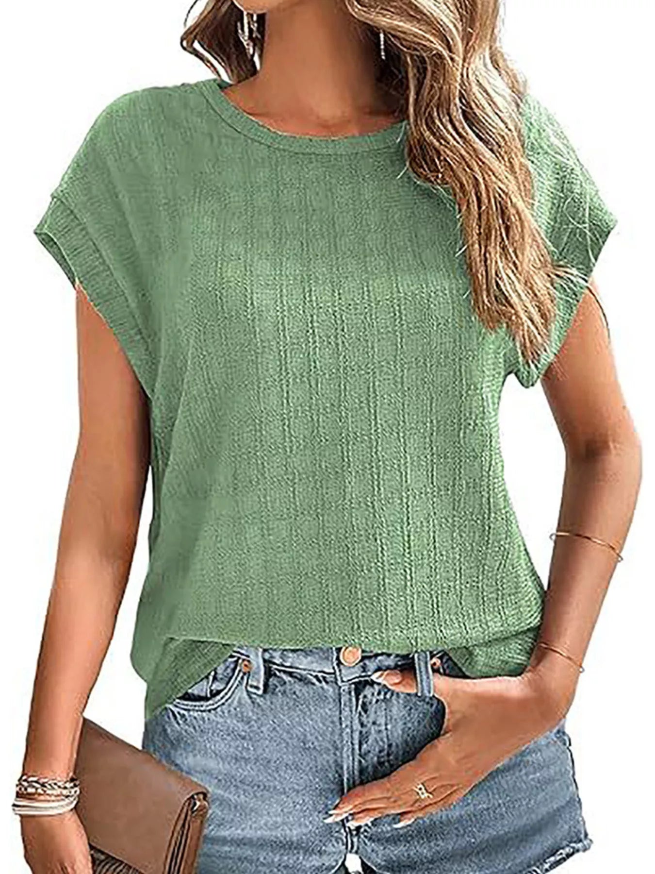 Trendsi Textured Round Neck Short Sleeve Top -