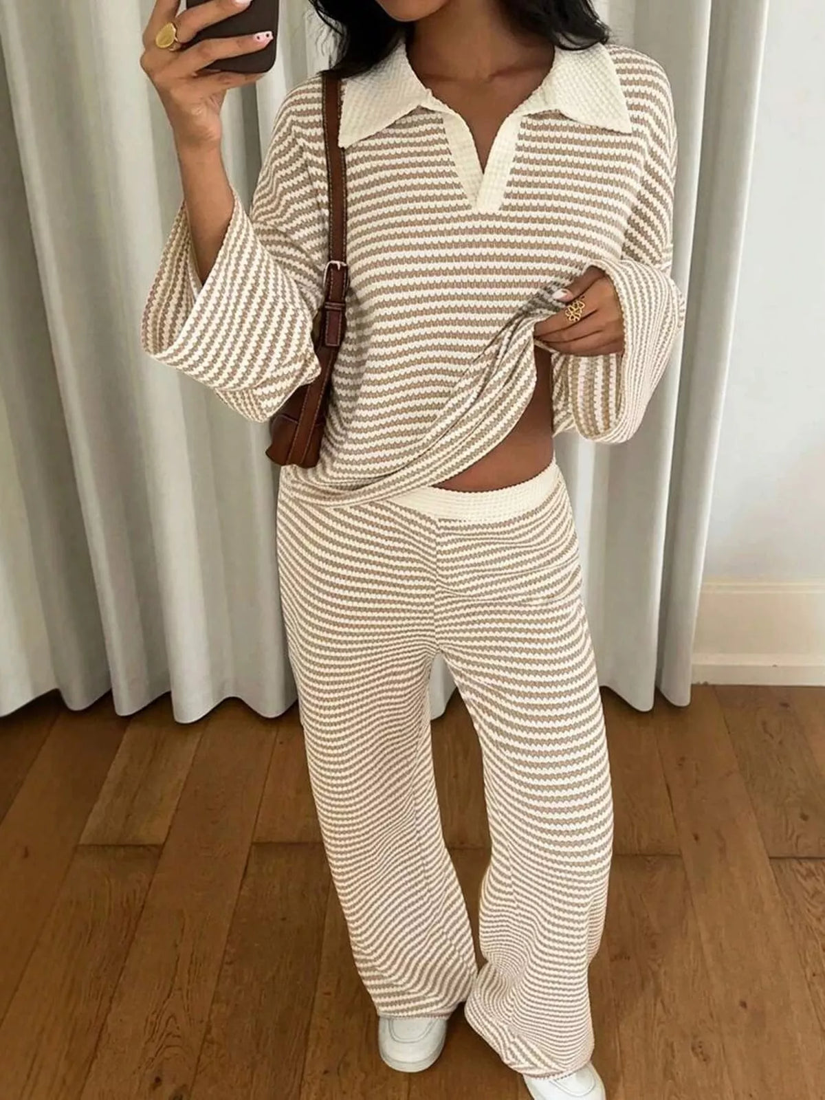 Striped Knit Polo Top and Wide-Leg Pants Set in apricot