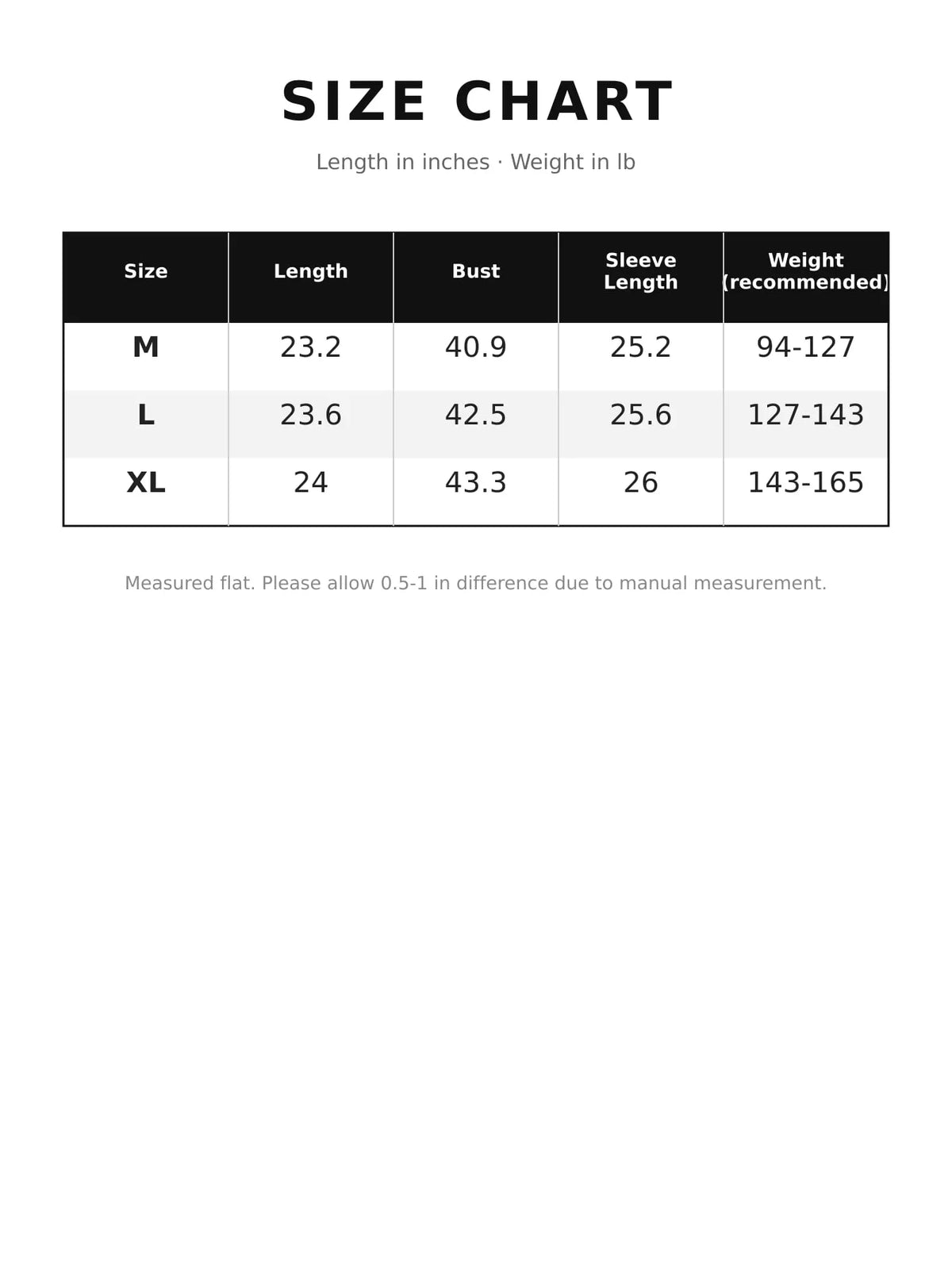 Round neck long sleeve cardigan, size and measurement chart